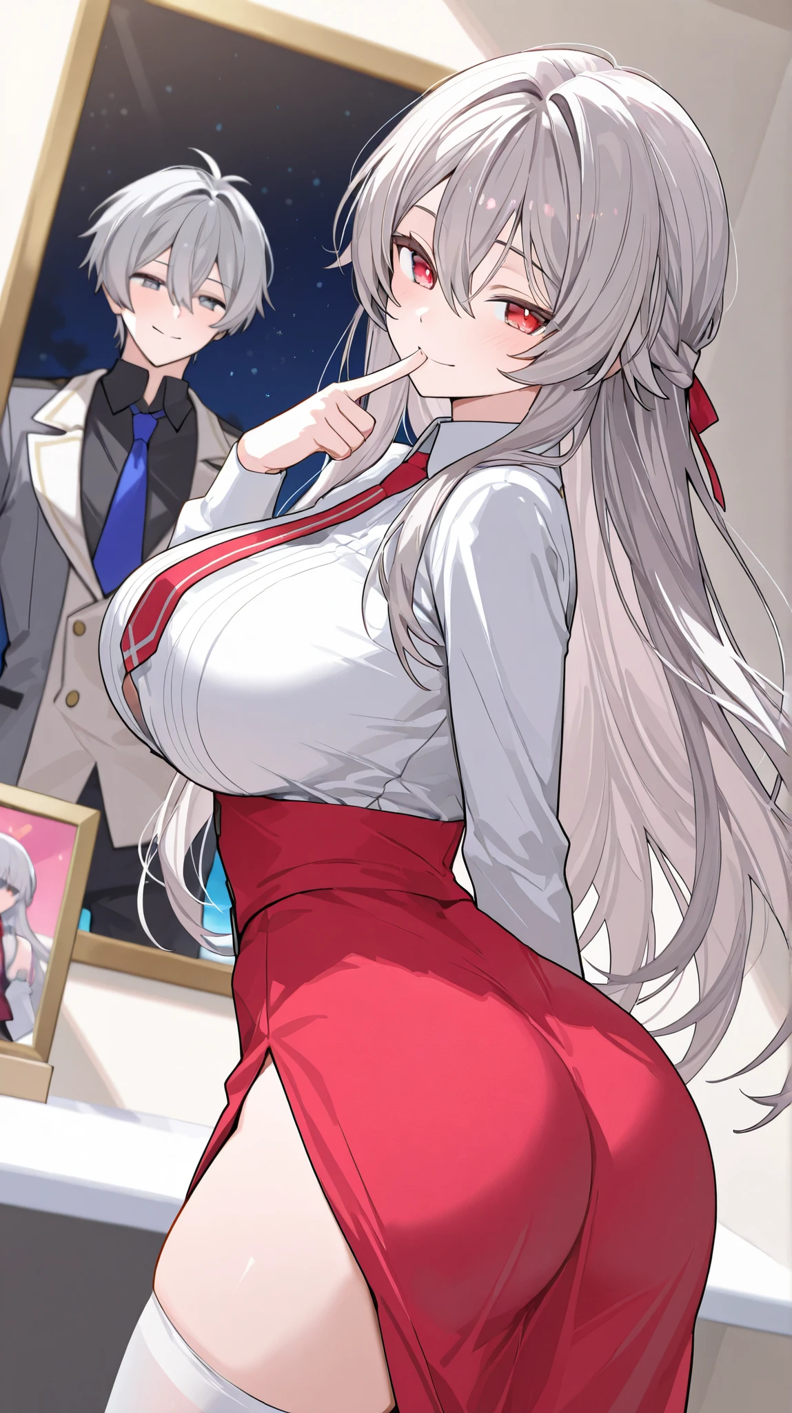 1 girl , Fit girl , score_ 9, score_ 8 score_ 7up, score_ 6up uncesored , 1 girl , long hair , long hair gray , red eyes , gray hair , shirt, shirt , hair between eyes , huge breasts , huge ass ,salior outfir , she has a dress , tie white stockings smile with your mouth open , stading in front of the lake with your face and body towards me , stading, crop clotches, she has
And tall boy King ,he is King, brown with eyes , gray hair short , they borh see each other in the picture ,when they kiss boy is king