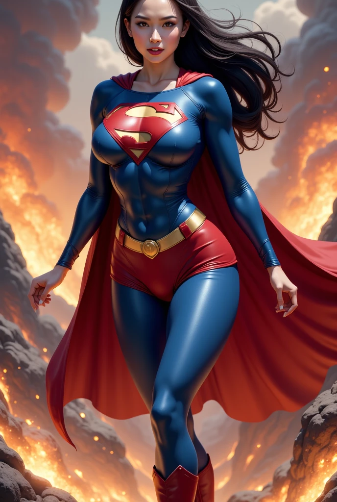 nijistyle, beautiful lady in superman cosrume, short black hair, angry, glowing red eyes, laser eyes, cape, particles, clouds, sky