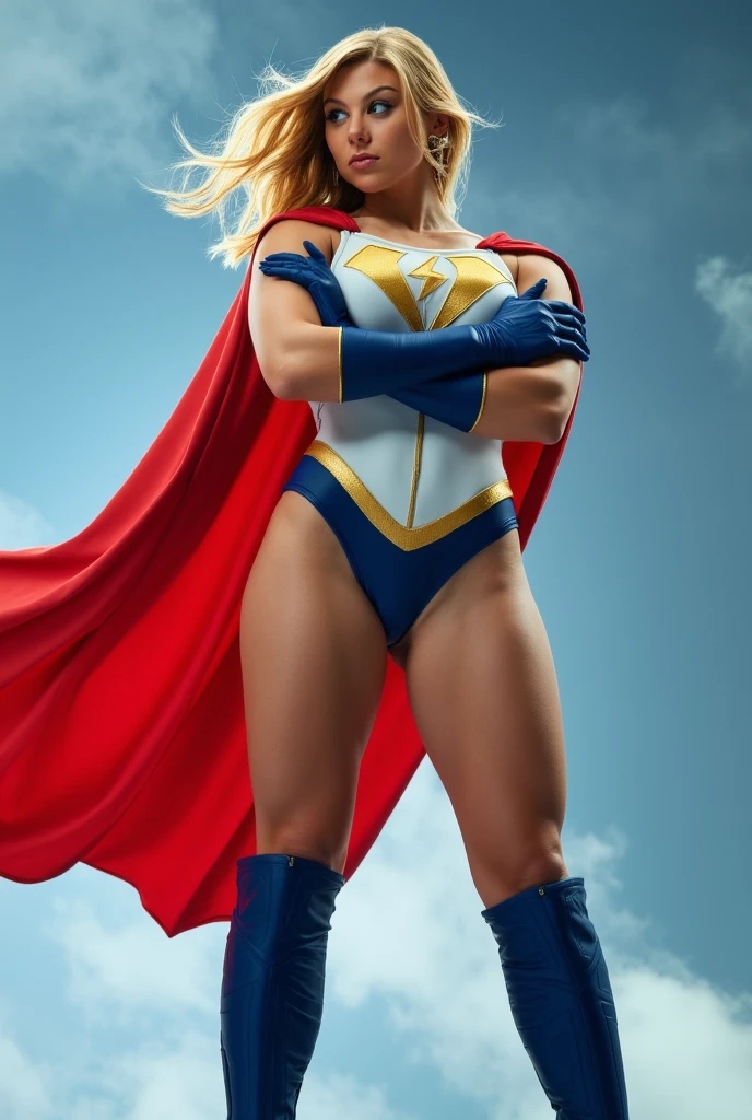 The character Power Girl,  perfect and traditional costume, bright blue yes, red cape, blond hair, smooth curves, extremely beautiful e realistic anatomy, beautiful smile? hyperrealistic anatomy 