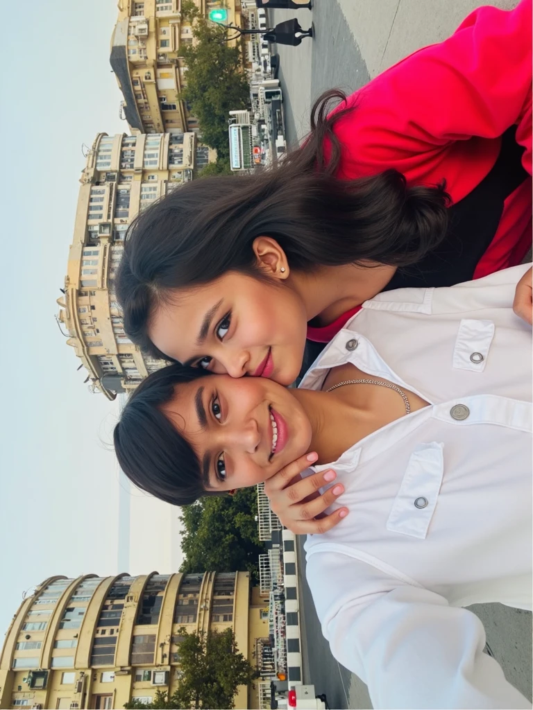 18-year-old white-skinned girl with black hair, a slim complexion with a somewhat large bust, a medium-sized, firm butt, wearing a sweatshirt and jeans in a plaza in Mexico in the rain, having a kiss with a white-skinned boy, algo gordo, 17 years old 1.72m de alto con el pelo negro corto con una sudadera, with the perspective that the boy is taking a selfie