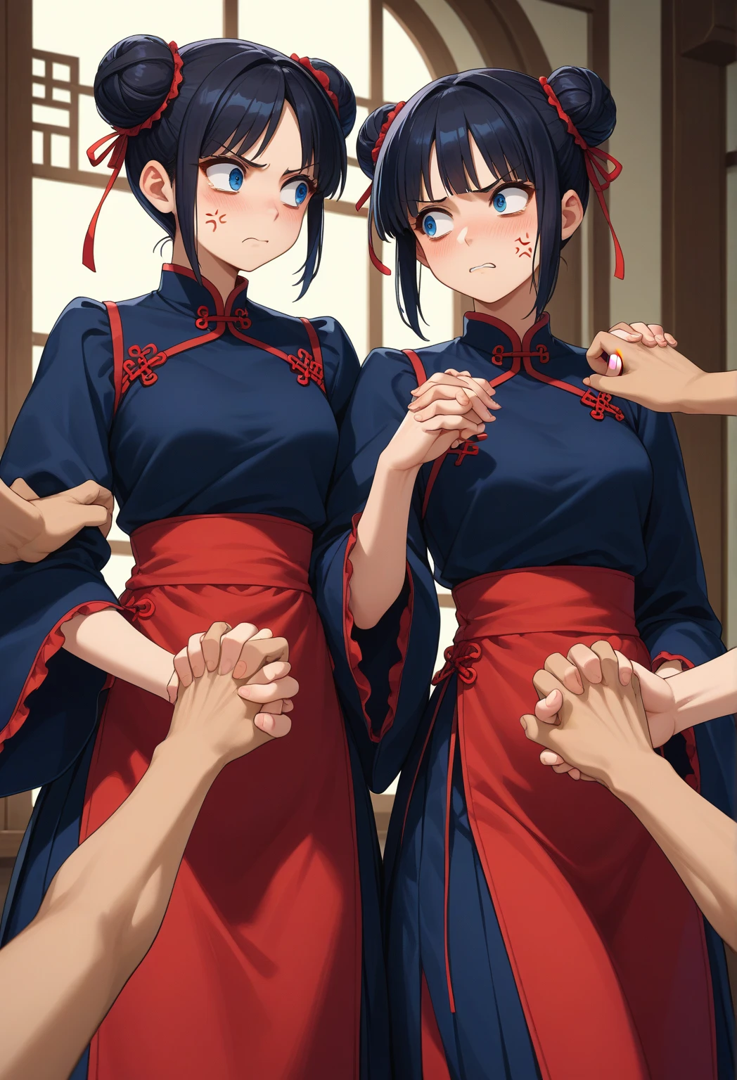 Anime A woman wearing a gakuran is bandaging a wounded young soldier. Both of them had cheerful faces.