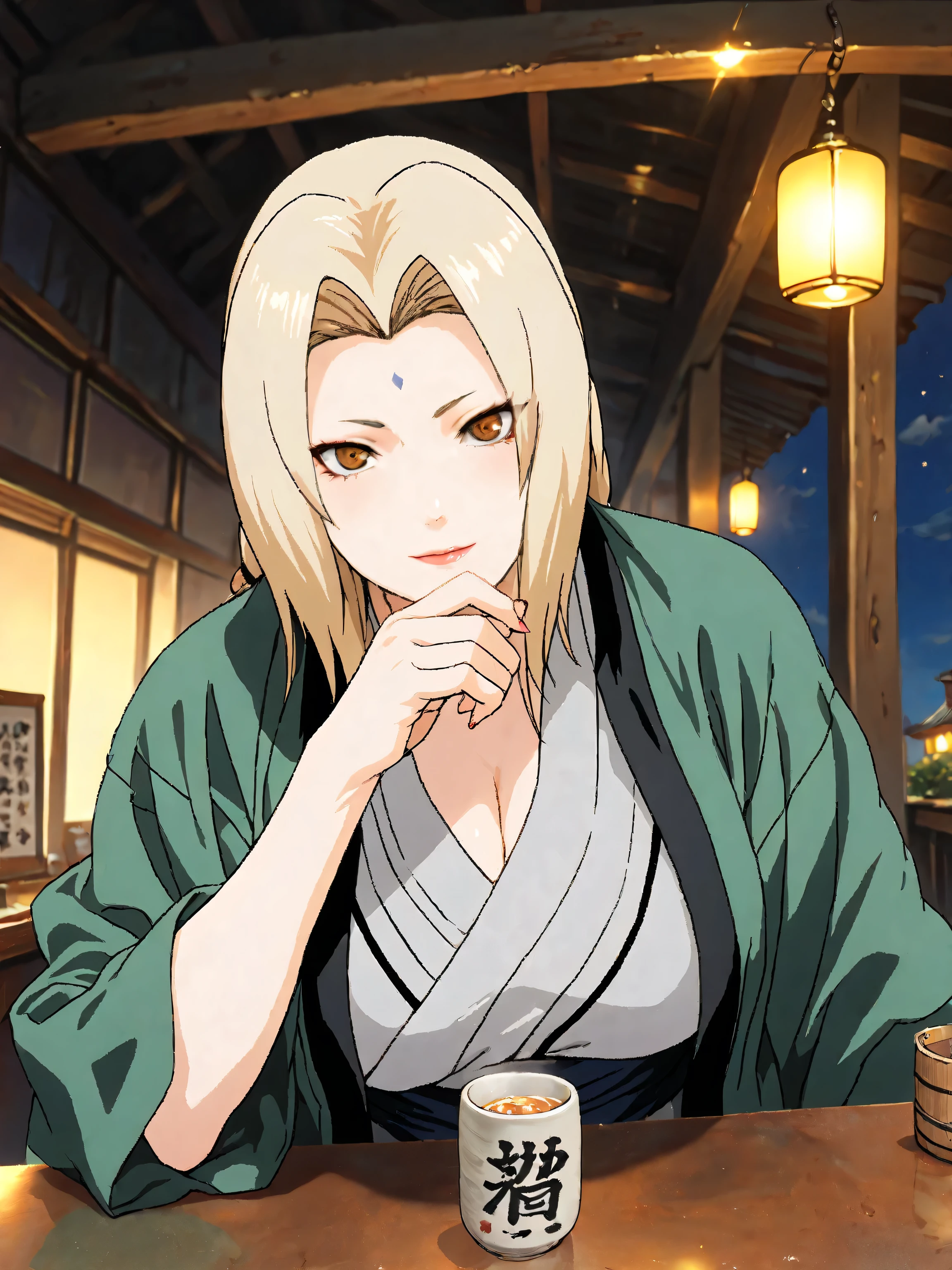 1girl, solo, tsunade, beautiful woman, mature woman, green haori, brown eyes, highly detailed eyes, expressive eyes, natural eye shape, iris with visible details, anatomically correct, super detailed, high details, intricate details, accurate, dynamic angle, dynamic poses, highres, absurdres, (masterpiece:1.5), (best quality:1.2), amazing quality, 4k, looking at viewer, various poses, various expressions, drinking sake, japanese sake, traditional, local bar, night time
