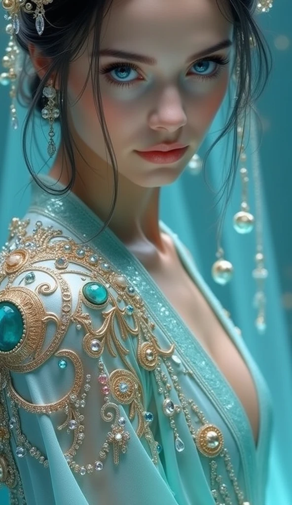 ((Realistic lighting, Best quality, 8K, Masterpiece: 1.3)), Clear focus: 1.2, photorealistic, (official art, beautiful and aesthetic:1.4), 1 girl, Chinese, Spanish, Perfect Figure: 1.4, Slim Abs: 1.1, ((Dark brown long hair)(Straight hair)), (blue chinese dress:1.4), intricate and elegant, classy, (many colors:1.4), (earrings:1.2), (abstract background:1.4), (fractal art:1.1), (Colorful:1.1)(Flowers:1.3),highest details,(zentangle:1.2), Super fine face, beautiful face, Fine eyes, Deep blue eyes, Double eyelids, golden ratio, full body, legs, Highly Detailed Skin Texture, perfect cleavage, Dynamic pose, sitting on stone, the appearance of the hourglass.
