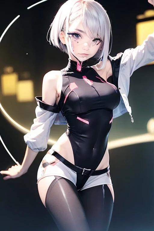 optimum,tmasterpiece,hight resolution,best qualtiy,hyper HD,super detailing,awardwinning,with round face、Round glasses、Looking down at the camera、squatting and spread legs,Show white panties,16 K,独奏,(The upper part of the body),Raw feet、White panty、anatomy correct,Beautiful cyberpunk girl,かわいいwith round face,,Gradient Beige Hair,Hairline,((scarlet eyes)),long eyelasher,Hanging eye corners,White skin of the,(small tit),(Slim body),((Women's Super Short Shawl Leather Jacket)),((Racing_Suit)),((High-Low_long skirt)),Ear studs,(lanyard),(Laser material clothing:1.2)
