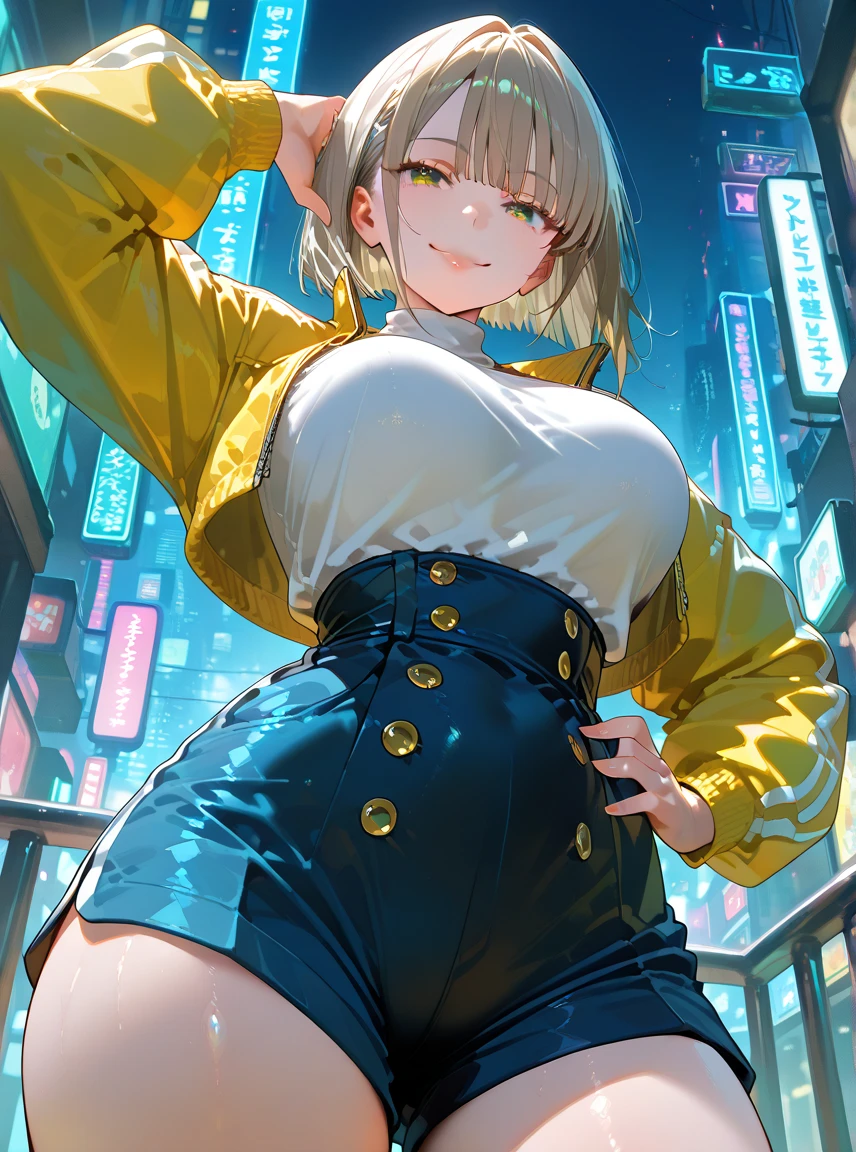 woman,14 years old,,city,night,(((white and blue tight miniskirt bodysuit))),,open mouth smile((See-through))(((Glasses))),((Beautiful long ponytail)),(()),blush、surprised face,((())),((blonde))(((On the way to changing clothes)))(((While undressing)))