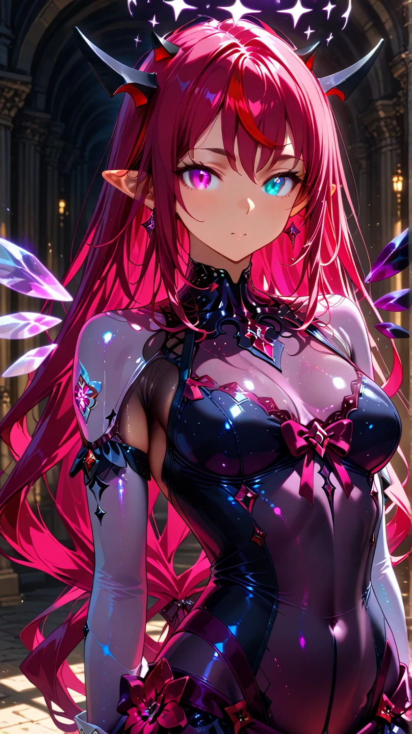 masterpiece, ultra-detailed, best quality, highly detailed face, highly detailed eyes, highly detailed armpit, perfect lighting, IrysHolo, heterochromia, long hair, halo, cleavage