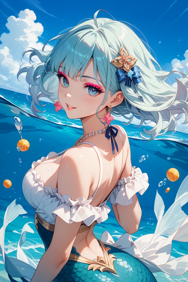 (masterpiece), (best quality), (ultra detailed),(disheveled hair),(illustration), (1girl), (Fashionable clothing), standing, Fashion model, looking at viewer, (interview), (simple background),beautiful detailed eyes, delicate beautiful face, Floating,(high saturation),(colorful splashes),colorful bubble,(shining), focus on face, ponytail, kamisato ayaka, light blue hair, bangs, hair ring, floating flowers, floating hairs, (shining), best lighting, best shadow,masterpiece, top quality, best quality, swimsuit party, in the water,fish,watermelon,cute style, perfect structure, summer theme