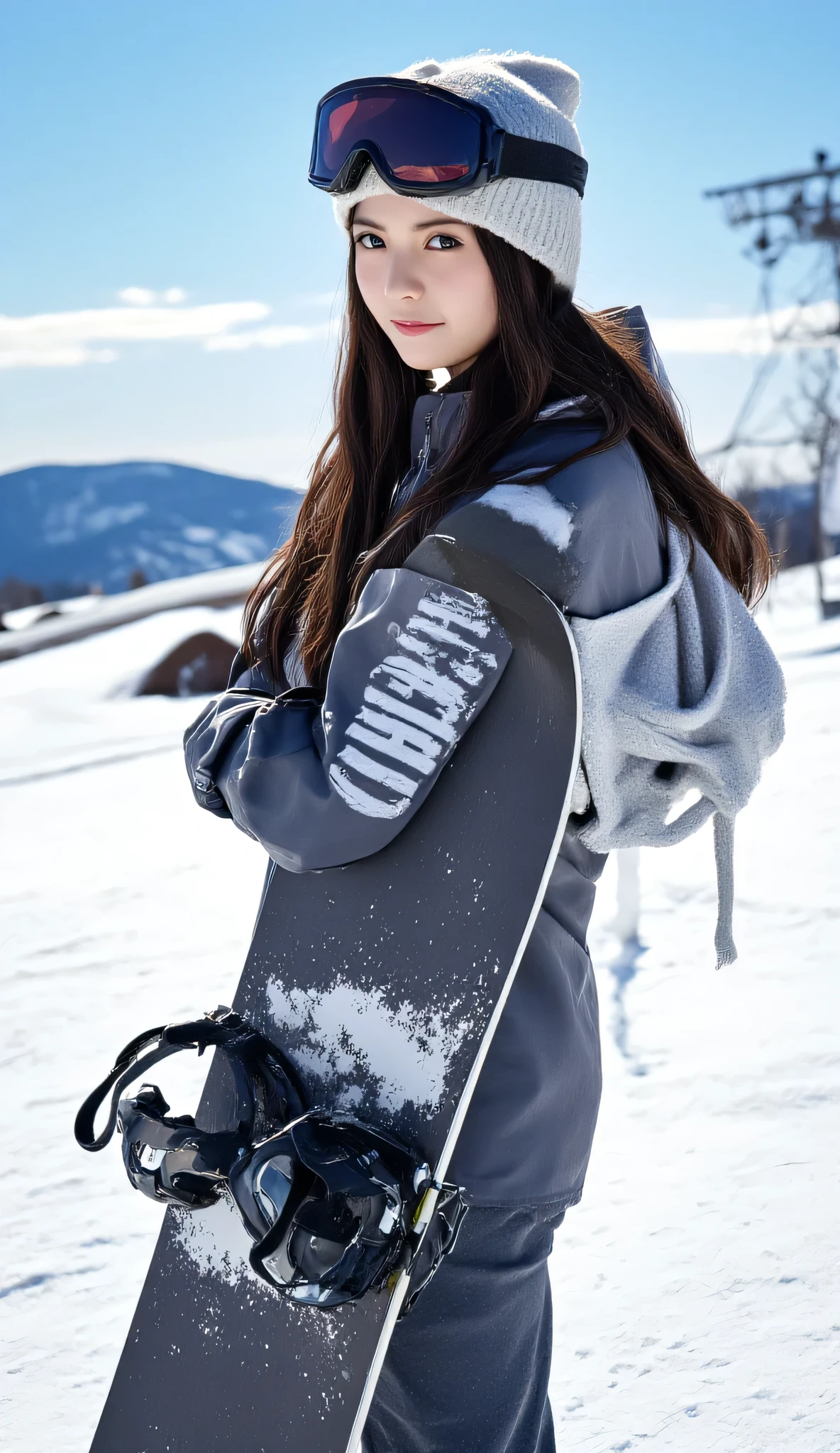 1 woman、high resolution, masterpiece, anatomically correct, 最high quality of wavy lines, high detail, high quality of wavy lines, Ultra Fine, textured skin,  Hair, smiles,photo quality, Aperture F2.8,Ski resort、 Snow Mountain 、Snowboarder、Ski wear holding a snowboard with both arms、with a lift on the back、knitted cap with hidden face、Ski goggles on the head、Japanese woman、20th Generation、 waist up 、Slopes
