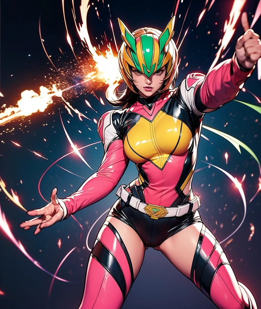 good better hand, Solo, A brave and courageous image of a 6 member ranger team, Each one is decorated in vibrant colors such as:: ((Pink)), red is front of center, violet, Green, yellow, blue black, white,. Heart motif belt, Dynamic poses in a background that exudes energy and courage, neon, fire, plasma, Fluorescent, shocking, pink big bomber, splashing pink, running, fighting pose, action pose, Embodying the essence of the classic Sentai superhero team. Each Ranger:: The attire is sophisticated and modern, Each color has elements that reflect its theme., Ready for action. ((Camel Toe)), weapons, in sunset background , in cinematic lighting, cover art mixed cinema poster style, realistic,