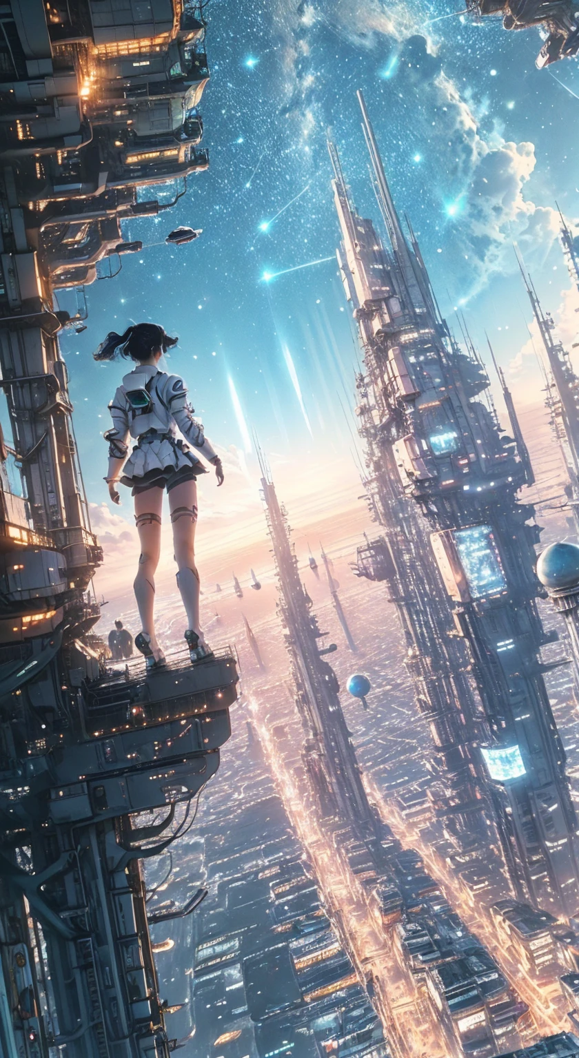 "girl with flowing hair flying in the sky, futuristic buildings with holographic signs, glowing trails of shooting stars, ethereal glow illuminating the scene, vibrant colors blending seamlessly, exquisite level of details, surreal atmosphere, mesmerizing cosmic energy, captivating sense of wonder, otherworldly beauty and tranquility, tantalizing combination of fantasy and science fiction, infinite possibilities of the universe, exquisite celestial artistry, sparkling constellations mapping the night sky, enthralling fusion of nature and technology, breathtaking view of the galaxies, interplay of light and shadow, immersive journey through time and space, dreamlike ambiance that evokes a sense of awe and inspiration, extraordinary celestial spectacle, surreal cyberpunk metropolis contrasting against the vastness of cosmos, ethereal harmony between the celestial and the urban, intricate interplay between the stars and the city, enchanting fusion of the real and the imaginary, resplendent portrayal of the night sky's splendor, luminous cityscape resonating with the cosmic energy."