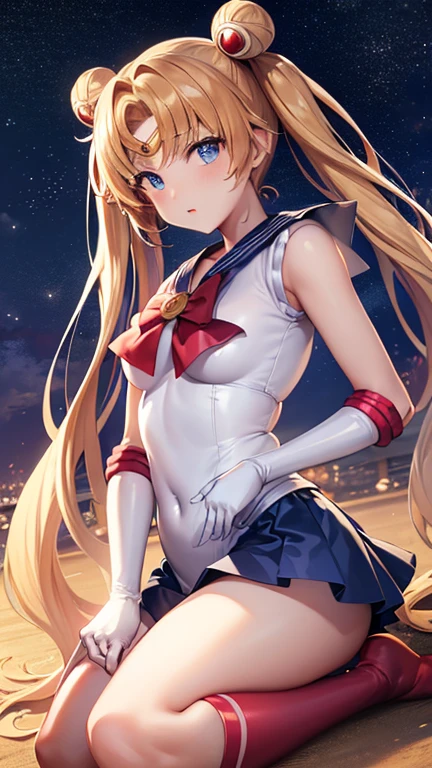 {{Sailor Moon}}, so beautiful,, highest quality, Realistic, Complex, Overall Details　Blonde Hair Girl, Magical girl, (((Blue eyes))), Blue Skirt, Cute white panties　Elbow-length gloves, tiara, Pleated skirt ,Red long boots Blue sailor necklace, mini skirt, choker, blue choker, White gloves,Clothes lift　Very long hair, Jewelry, 珰, whole body　sexy　Beautiful bedroom　Night view　blush