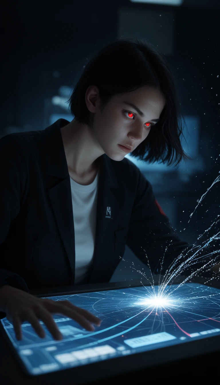 A woman in black pants and a white top wields a glowing blue katana. Her short black hair partially obscures her intense, red-eyed gaze. Sparks and embers fly around her in the dimly lit, blurred background. high contrast, and saturated colors. entangled_particles, paired_qubits, quantum_threads, abstract_physics_art, particle_simulation, light_trails, interwoven_strands, pulsating_spheres, shifting_colors, mirrored_patterns, temporal_distortion, holographic_effect, (translucent_layers:0.7), dynamic_zoom, macro_view, liquid_motion_blur, mysterious, interconnected, unpredictable, beyond_perception BREAK Score_PnyReal