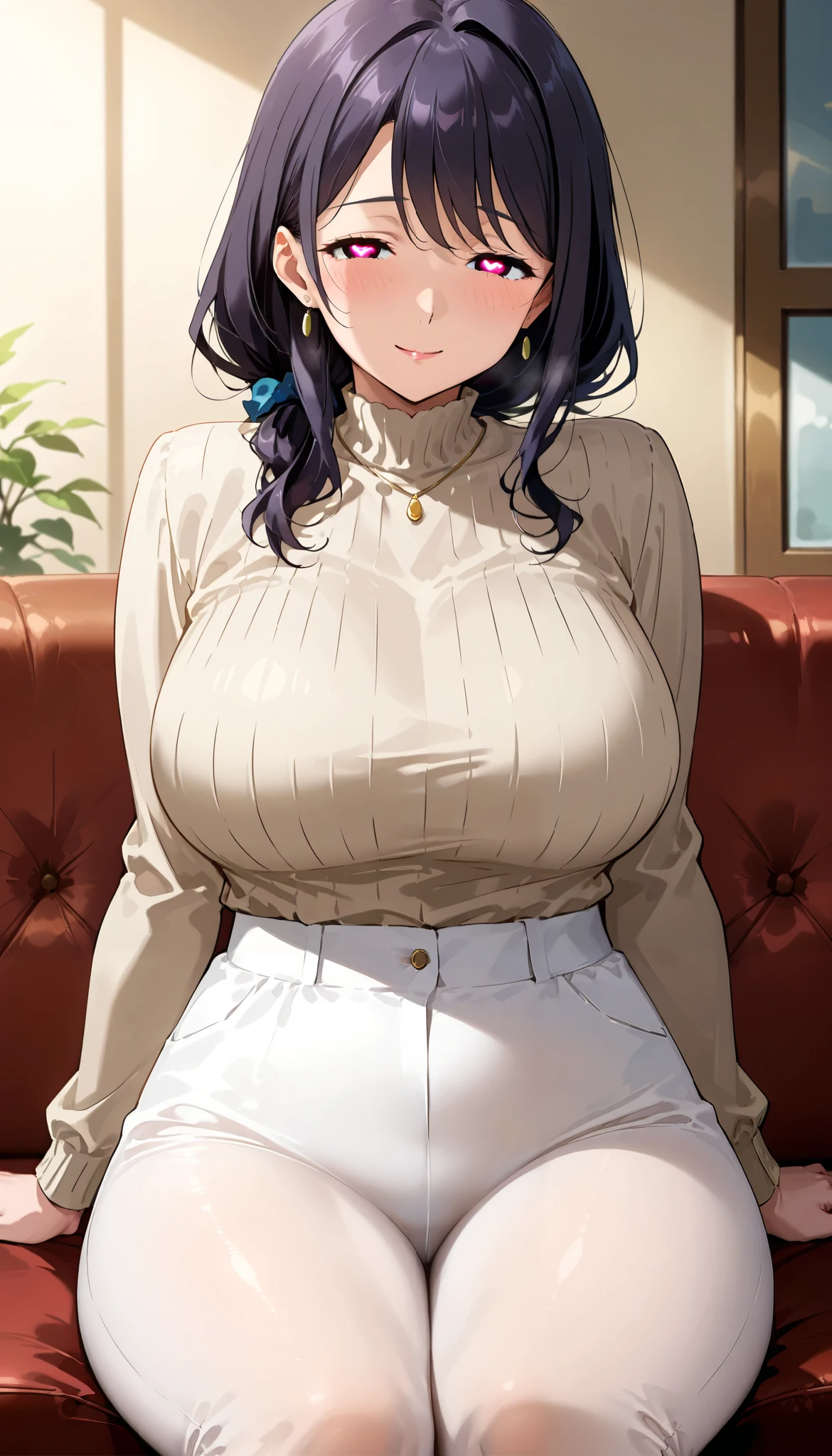 Girl seen from the side , Vol sidewaystuous women, Older, Big Breasts, mature woman, of motherhood, wide waist , score_9, score_8_ sideways, score_7_ sideways, score_6_ sideways, source_anime, beautiful face, expressive eyes, detailed eyes panty pants on pantyhose , alone, close- sideways, sitting , Sofa, indoor, Scenery, dramatic lighting, anime screencap, Enchanting Smiles
