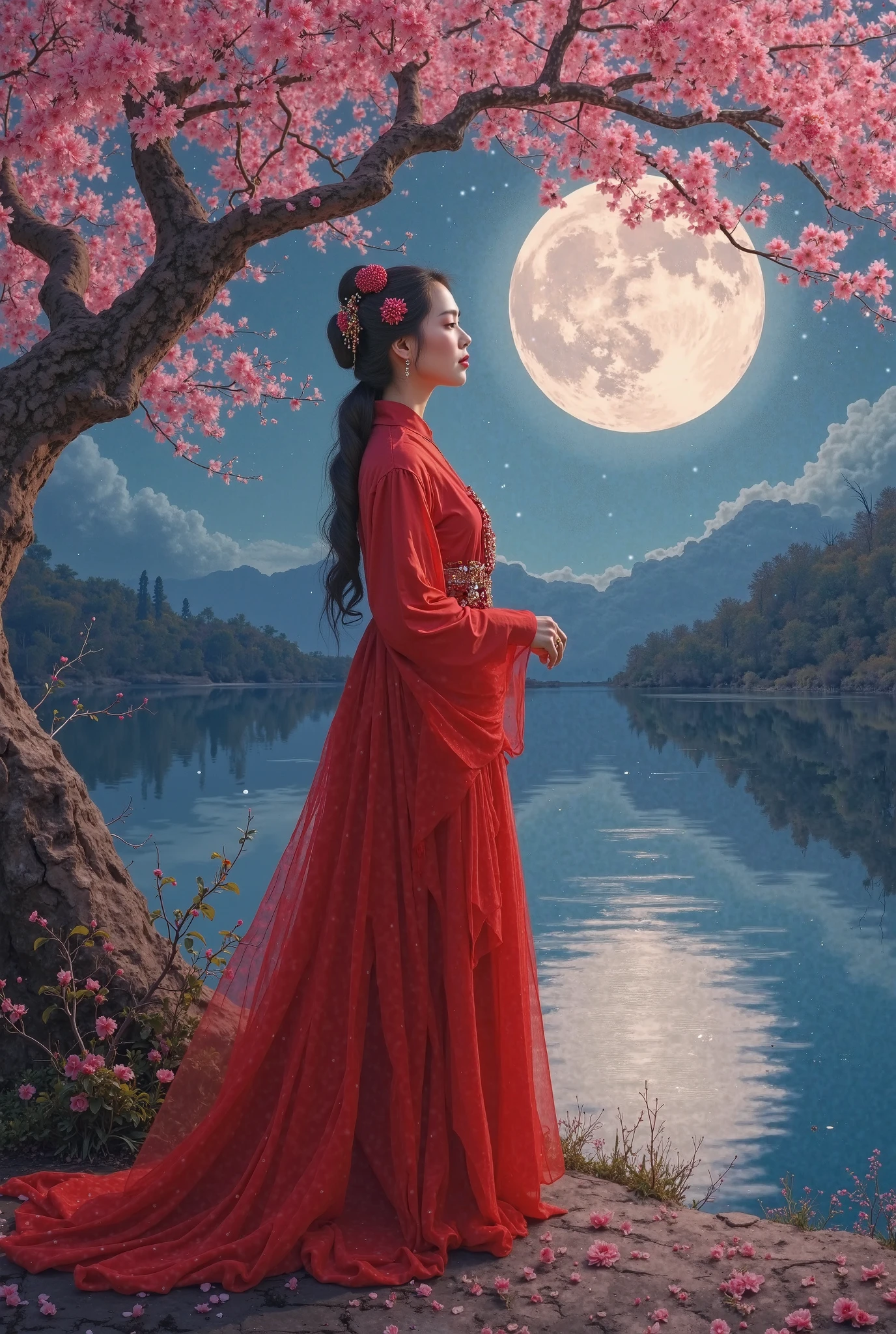 Symmetrical art
Double Exposure Style, Volumetric Lighting, leaning forward,light depth, dramatic atmospheric lighting, Volumetric Lighting, double image ghost effect, image combination, double exposure style
(realistic, photorealistic),
red moon, blood-red sky, eerie glow, silhouettes, towering mountains, ancient ruins, mystical atmosphere, crimson hue, dramatic shadows, lunar eclipse, celestial phenomenon, ethereal beauty, haunting landscape, lunar eclipse, stars shimmering, dark forest, eerie calm, surreal world, enchanting, mysterious, awe-inspiring, otherworldly, captivating, surreal ambiance
nine-tailed fox, enchanting, seductive, flowing crimson hair, piercing amber eyes, delicate features, fox-like ears, flawless porcelain skin, alluring smile, slender figure, elegant posture, crimson lips, ornate headdress, mystical aura, bewitching charm, captivating presence, otherworldly allure
(pink and red:1.2)
(Glowing ambiance, enchanting radiance, luminous lighting, ethereal atmosphere, mesmerizing glow, evocative hues, captivating coloration, dramatic lighting, enchanting aura), ((moon:1)), (masterpiece, top quality, best quality, official art, beautiful and aesthetic:1.2), extreme detailed,(joshua middleton comic cover art:1.2), (Action painting:1.3),(concretism:1.3),theater dance scene,(hypermaximalistic:1.5),colorful,highest detailed,