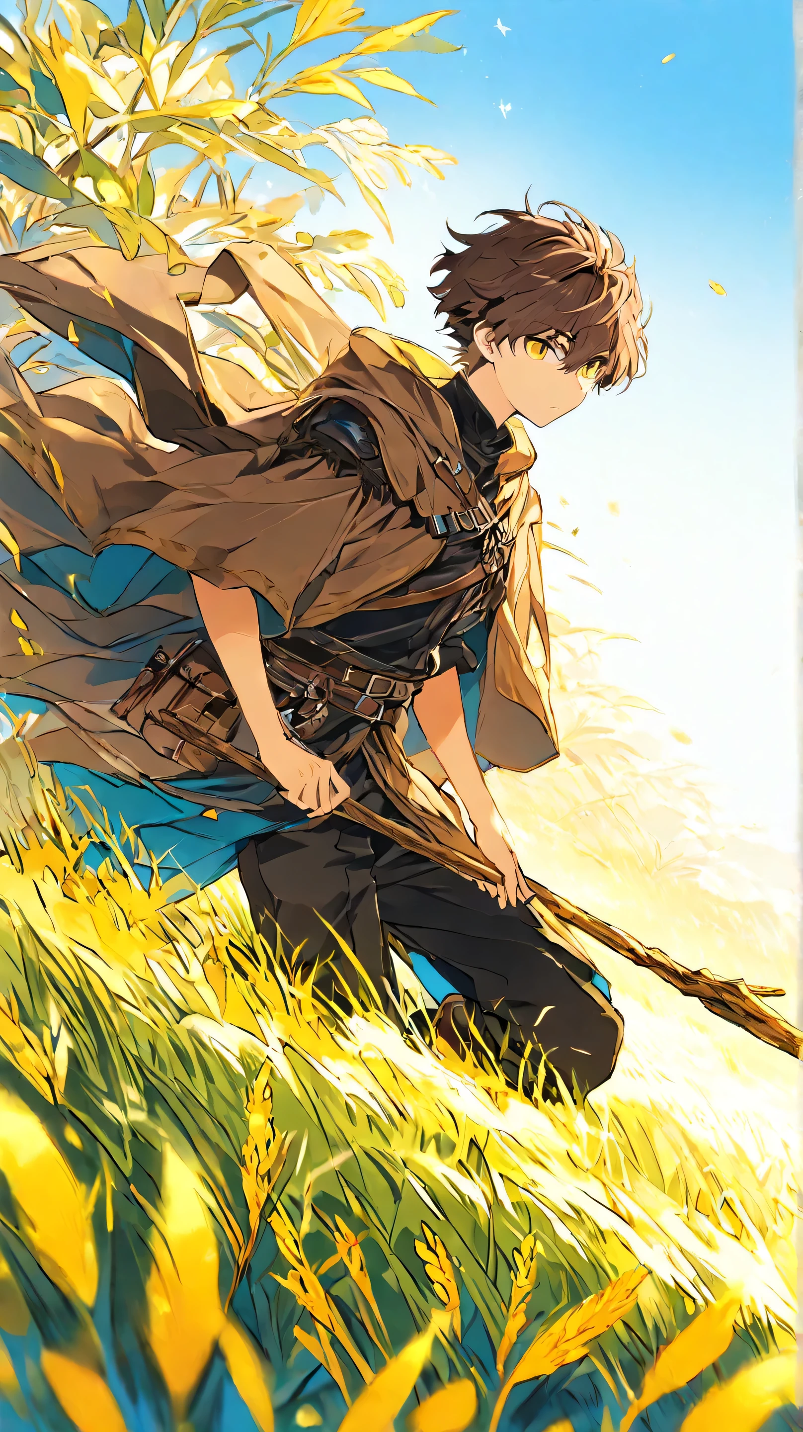 High Resolution, saturated color, very detailed, masterpiece, best quality, 1boy, solo, young boy, oreki hotarou, short brown hair, bangs hair, yellow eyes, brown cloack, witcher cloack, black trouser, holding witch wooden stick, at grass field, blue day sky