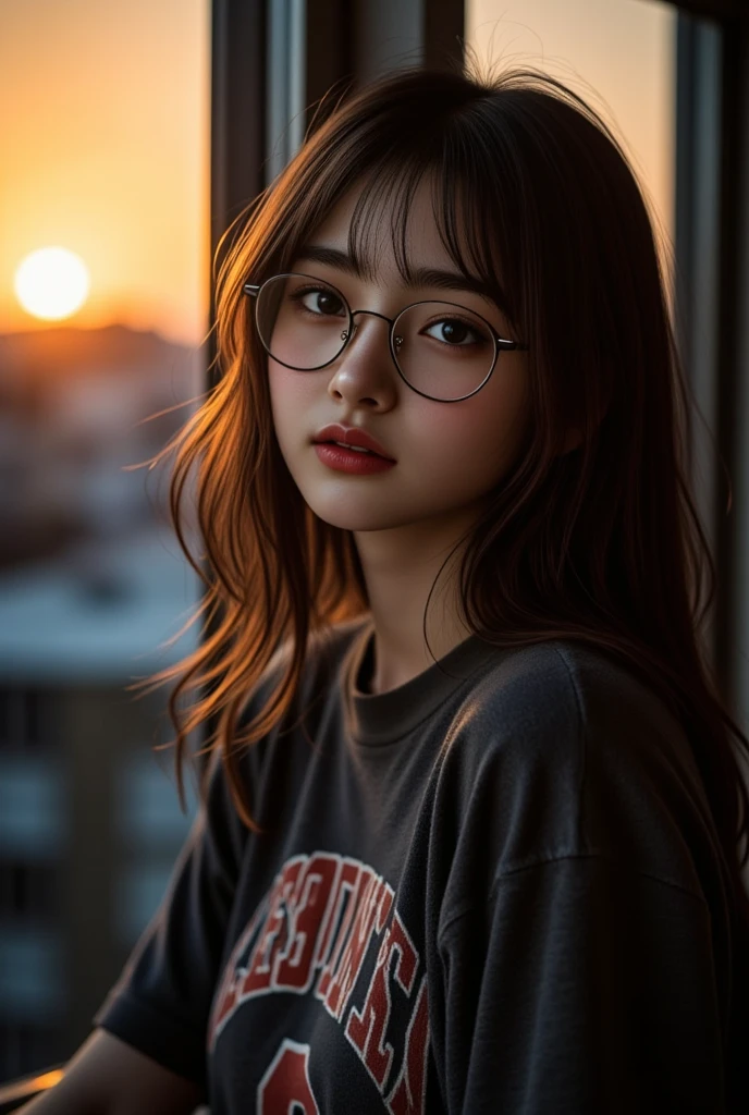 Mustepiece, top quality, illustration, ultra-definition, detailed, high resolution, 8K wallpaper, perfect dynamic composition, beautiful eyes in every detail, wearing a dress, natural colored lips, beach, random cute pose, eyes closed, Wearing glasses, perfect and beautiful face, cute, sexy face, sunset, feminine face