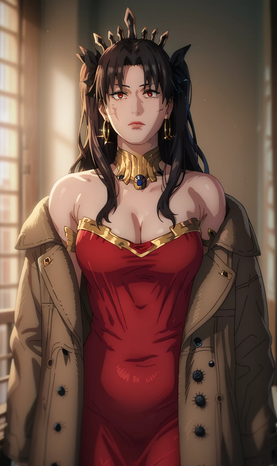 score_9, score_8_up, score_8, score_7_up, bouqtm, ishtar_(fate), red_eyes, parted bangs, long_hair, jewelry, earrings, black_hair, armlet, crown, two_side_up, small_breasts, hoop_earrings, ribbon, plump, shiny skin, anatomical correct, ((dusty)), Cinematic, UHD, high detailed, ringed eyes, perfect body, 1girl, breasts, solo, scar, looking_at_viewer, black_dress, cleavage, dress, bare_shoulders, red_lips, lips, scar_on_face, coat, lipstick, Fantasy_eyes