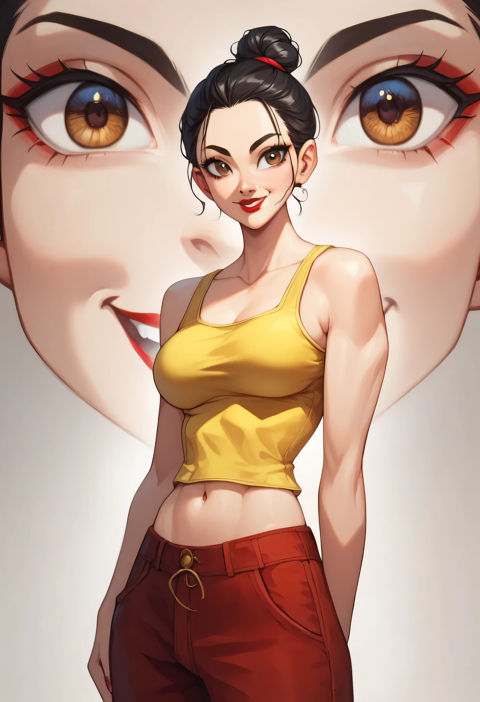 1girl, perfect face, perfect body, forehead, bun hair, black hair, black eyebrows, natural eyebrows, big eyes, brown eyes, black eyeliners, nose, red thick lipstick, smile, beautiful girl, medium breasts, tank top, yellow tank top, navel, pants, standing
