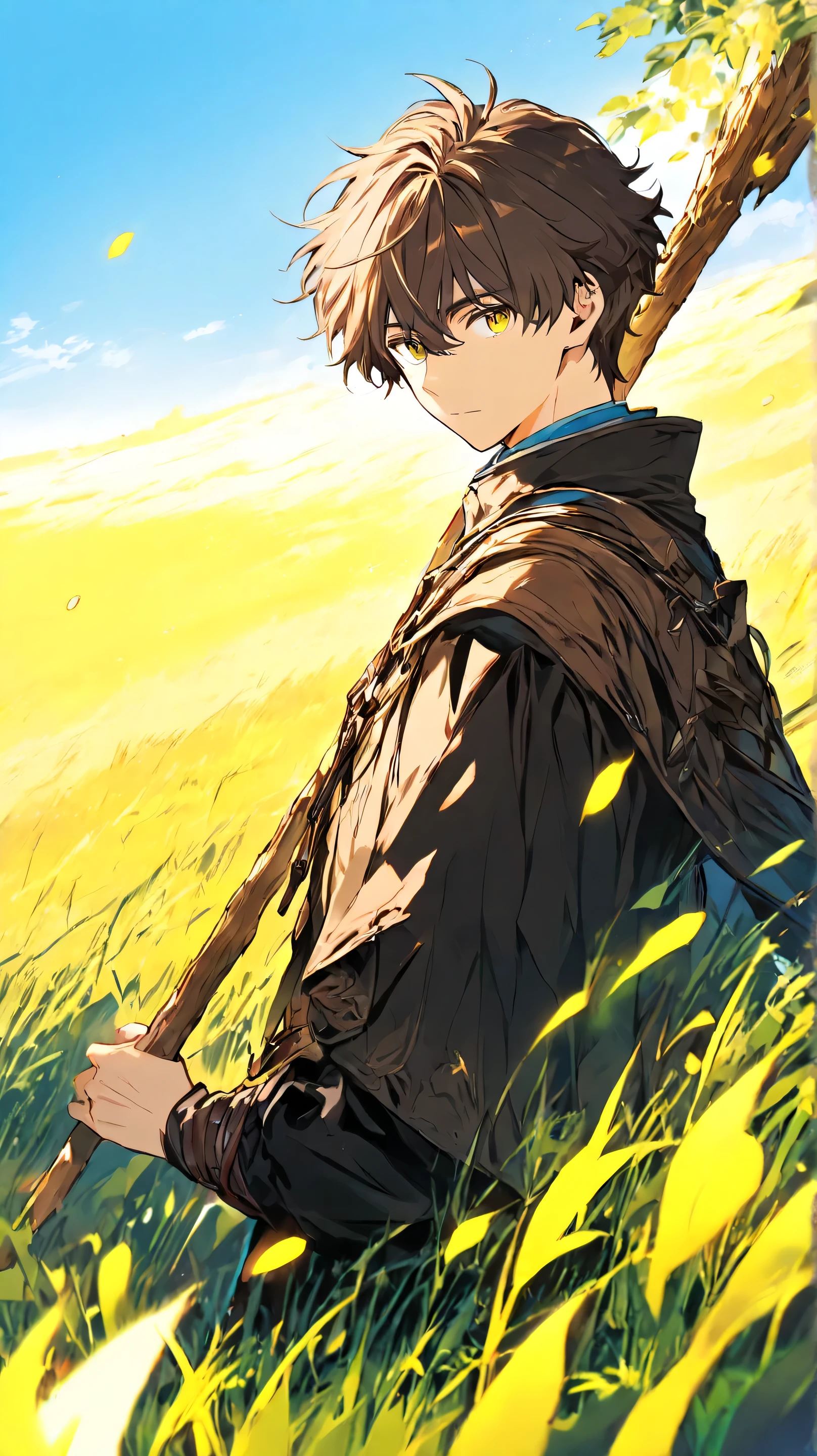High Resolution, saturated color, very detailed, masterpiece, best quality, 1boy, solo, young boy, oreki hotarou, short brown hair, bangs hair, yellow eyes, brown cloack, witcher cloack, black trouser, holding witch wooden stick, at grass field, blue day sky