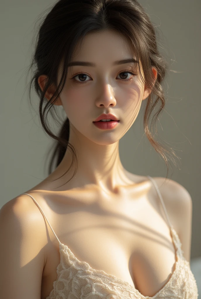 (RAW photo, highest quality)(8k, highest quality, masterpiece: 1.2), Super detailed, super resolution, (realistic, realistic photo: 1.37), portrait, High resolution RAW color photo, professional photos, High resolution and beautiful, very delicate and beautiful, High resolution, 8k image wallpaper, amazing details, huge file size, high detailed beautiful girl, Super detaileded face, very fine eyes, Very fine skin, very small nose, Highly detailed detailed mouth, perfect anatomy, Super detailed, very beautiful eyelashes, natural eyes, delicate eyes, simple background, realistic lighting, light shines on your face, 1 girl, 20 generations, white wall looking at camera, cute girl, like an idol, black hair, cute, baby face, lively face, waist shot