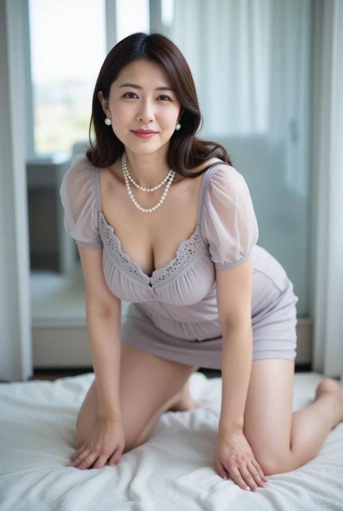a beautiful elegant mature japanese woman, 55 years old mature lady, slim figure, lady, extremely detailed face, beautiful lips, extremely detailed face, long eyelashes, chubby body type, princess dress, ((full body)), sexy, glamorous, ((low ponytail)), pearl necklace, red lipstick, charismatic, sitting on a sofa