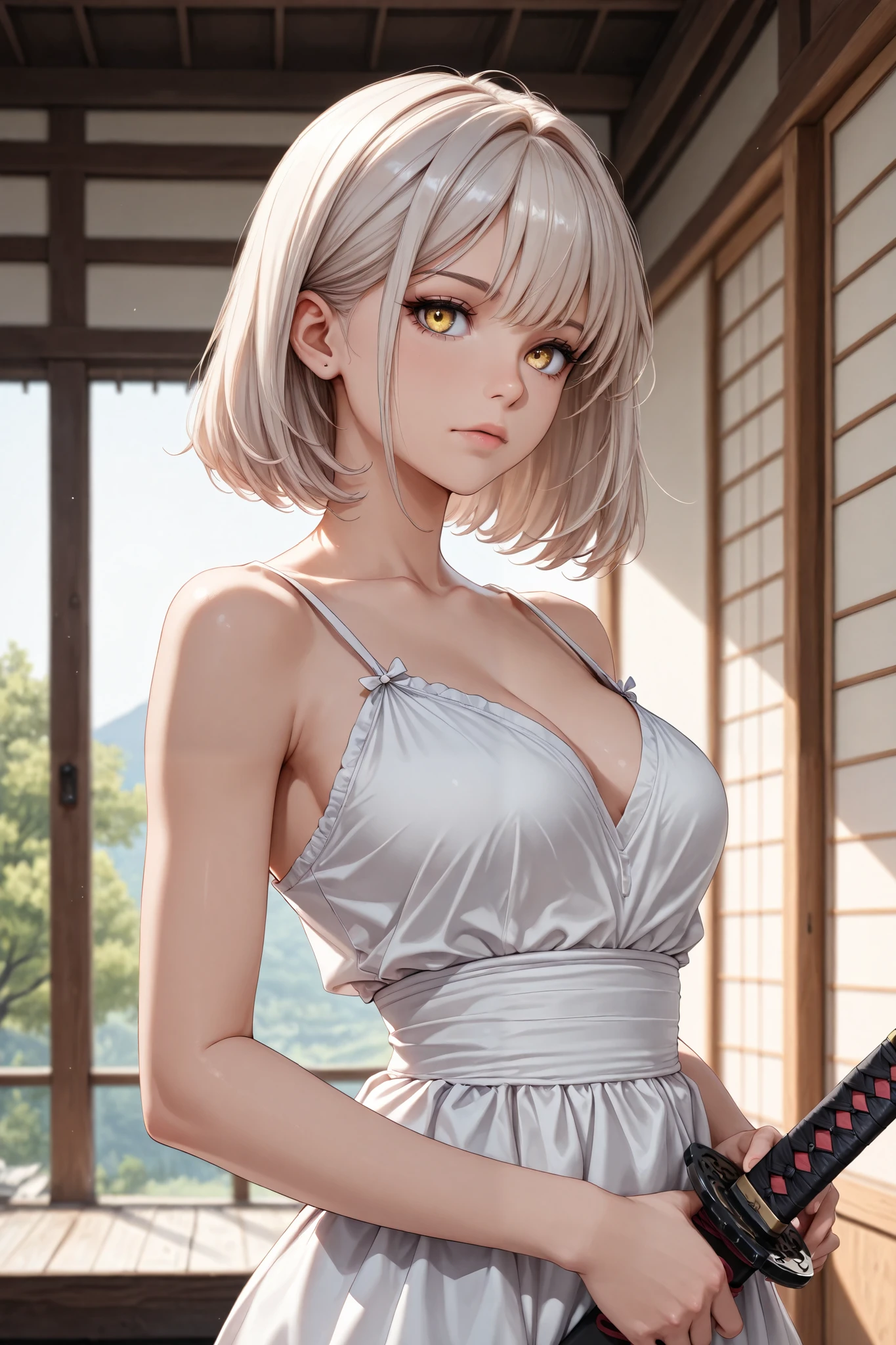 Masterpiece, Best quality, Koh Samui, black kimono, cleavage, vambraces, .sportrait, Frontal photo,Off-the-shoulder attire,ssmile,Be red in the face