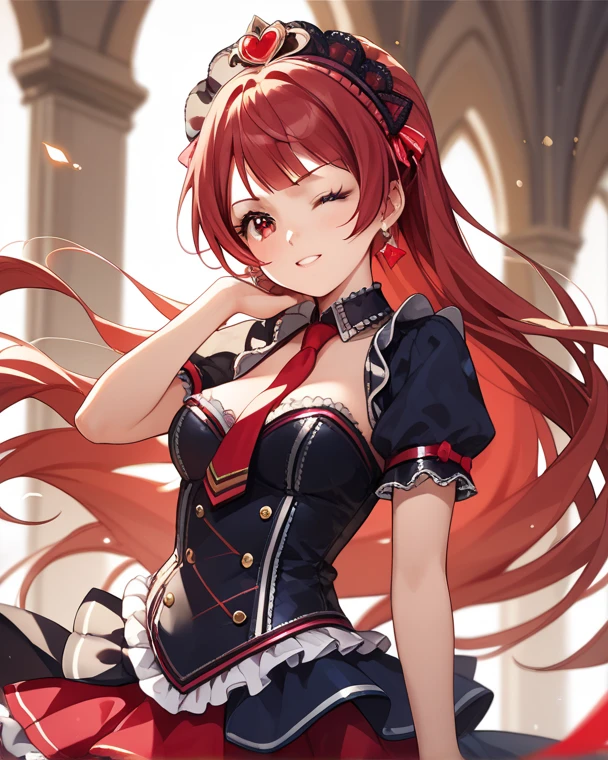 Female character with wavy red hair parted on two sides, wearing a red princess dress, in a ballroom