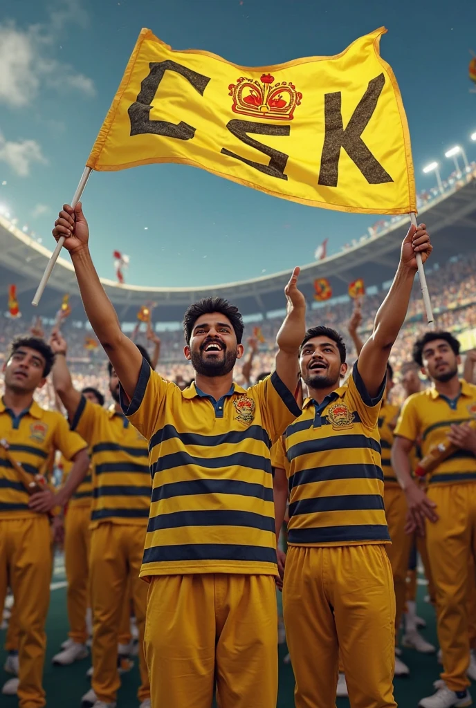 create a realistic image where a 15 Years old IPL fan Young Girl Wearing CSK Team's Jersey With Name “Harshika” is written on it, girl standing with Ms Dhoni and 11 player with yellow jersey and dhoni take a ipl trophy, indian Flags are Flying in the Back of them And Have Many cricket Supporters there, 3D art painting Realistic photo.

