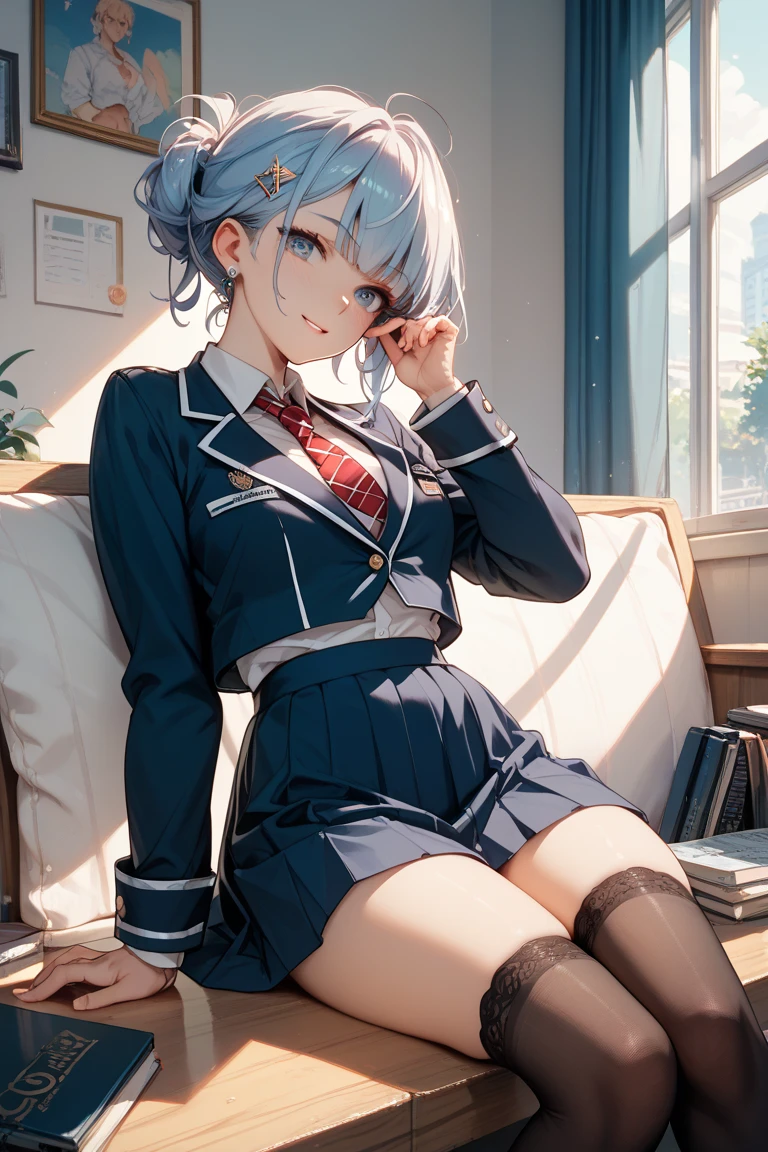 best quality, 32k, RAW photo, incredibly absurdres, extremely detailed, beautiful 18 years old female, iridescent light blue ponytail, shining blue eyes, amorous and lewd expression, happy, shy, (wearing high school uniform, navy blazer, white shirt, red tie, brown plaid miniskirt, brown socks), superlative body proportion, background school route at sunset