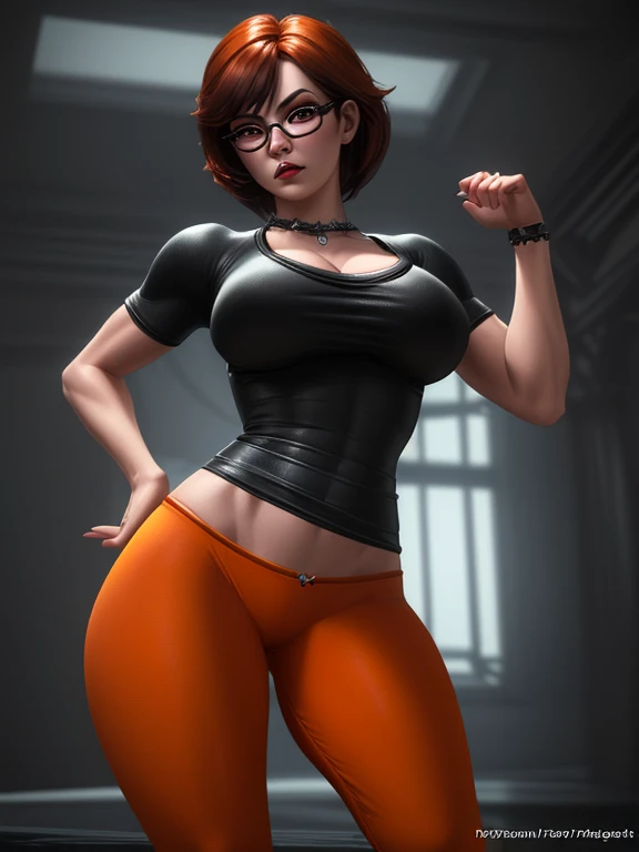 (obra maestra:1.3), (ultra detallado), (8k, intrincado),(Tiro de cuerpo completo:1), (Altamente detallado:1.2),(Cara detallada:1.2), velmadinkley, 1girl, solamente, pelo corto senos grandes, brown hair, brown eyes, lentes, BDSM:1.5, cuerda:1.3, abrir_boca, Llorar:1.3,velmadinkley, Fondo interior, cuerto oscuro, peredes de piedra. piso de piedra