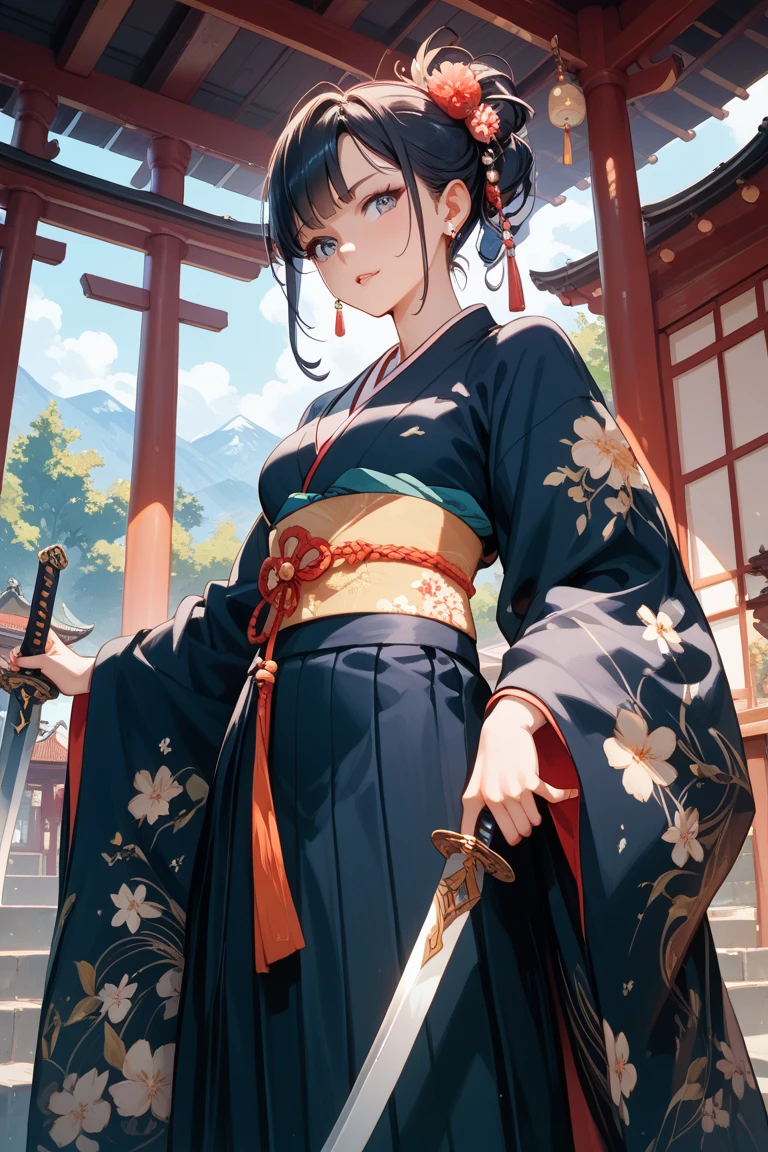 Holding a naginata in his right hand、The blade of the naginata he is holding in his right hand is shining brightly.、生地は黒いJapanese Kimono、A kimono with a pattern of many blue flowers、The kimono is mini length、Thighs exposed、The kimono is open at the chest、Make the naginata blade even larger、The light shines on the handle of the naginata, making it shiny.、Sengoku period、Japanese Kimono、Japanese clothing、The kimono features many lustrous blue floral patterns.、Her crotch is covered by a black kimono with blue floral patterns.、The left hand is clenched into a fist、、Eyes are a little longer、Realistic Face、Beauty、Lipstick is bright red、The naginata blade in his right hand shines silver.
