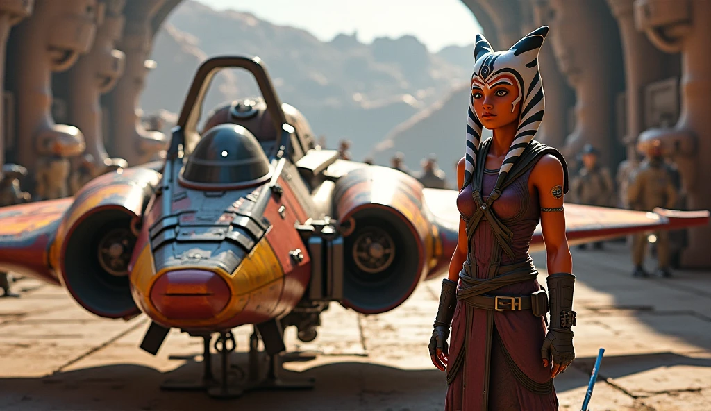 a ((fall body)) ((Ahsoka))) (()) (())mandalorian,walking on snow coverd ruins , ((green fire eyes )) , beautiful detailed eyes, beautiful detailed lips, extremely detailed face, long eyelashes, mandalorian armor, sci-fi, cinematic lighting, dramatic, epic, intricate details, hyper-realistic, 8k, high-quality, photorealistic