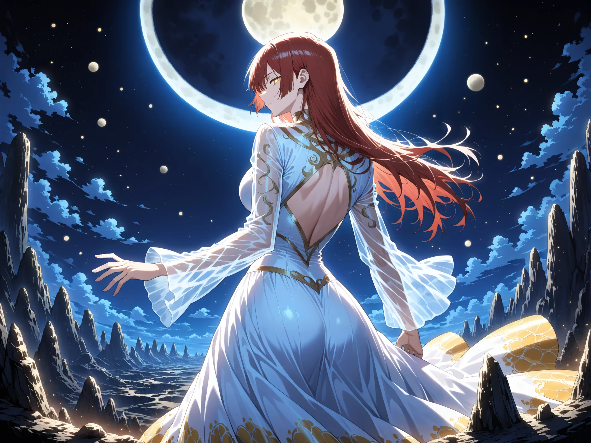 1 woman, golden eyes, red hair, long hair, white dress, elaborate dress, elaborate pattern, long sleeves, transparent sleeves, moon goddess, standing on a rocky outcrop, cliff, at night, one hand stretched out to the sky, back view, turned away from the viewer, night sky, two full moons, gigantic full moons, one full moon is larger than the other, one full moon shines red (giant moon: 0.8), other full moon shines blue (giant moon: 1.3), BREAK masterpiece, best quality, very aesthetic, absurd, latest, cinematic, cinematic lighting, cinematic shadows, perfect eyes, clear eyes, very detailed eyes, cinematic composition, anime coloring, anime screenshot of jujutsu kaisen, perfect hands, perfekt anatomy