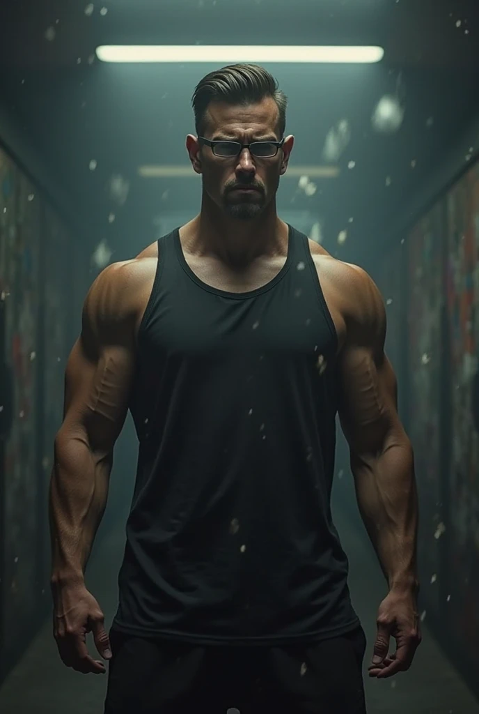 a musculated man, with short black hair, looking like he is carrying something very heavy, tears of agony are falling from his eyes, wearing black clothes and reaching out his hands towards his legs, he has an anvil inside his pants that falls to the ground, the man is surrounded by a lot of beautiful women in a lot of televisions, he is trapped by them they form a circular prison around him, his face transmits extreme agony