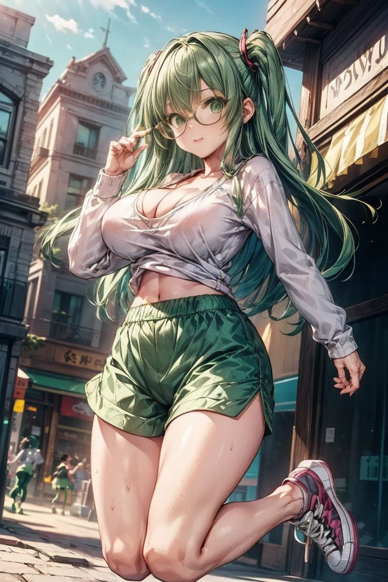 1 girl, long pink-green, white headband, medium breasts, big hips, beautiful legs, perfectly detailed, she wears an unbuttoned mini shorts showing her underwear a little, a wet white short shirt slightly unbuttoned,black glasses, she is a shy girl but at the same time, she walks down the street