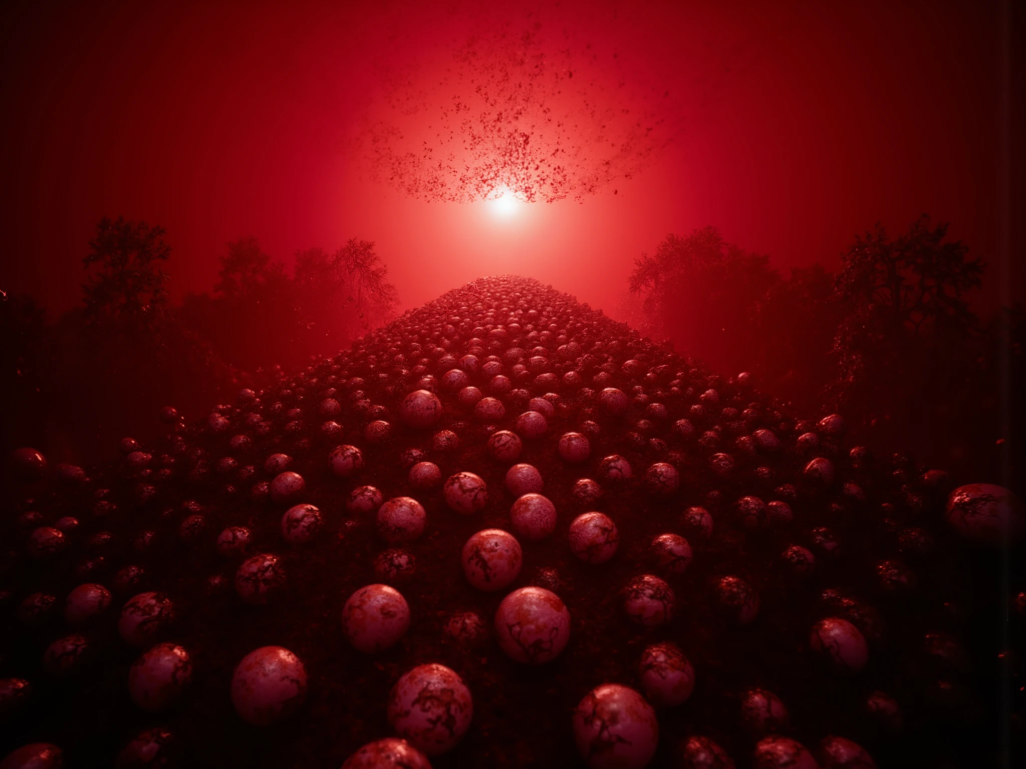 a red hellscape covered in eyeballs and Keir Starmer, dramatic lighting, dark fantasy, surreal, nightmarish, gritty, highly detailed, 8K, photorealistic, HDR, cinematic, moody colors, deep shadows, saturated reds, blacks, unsettling atmosphere