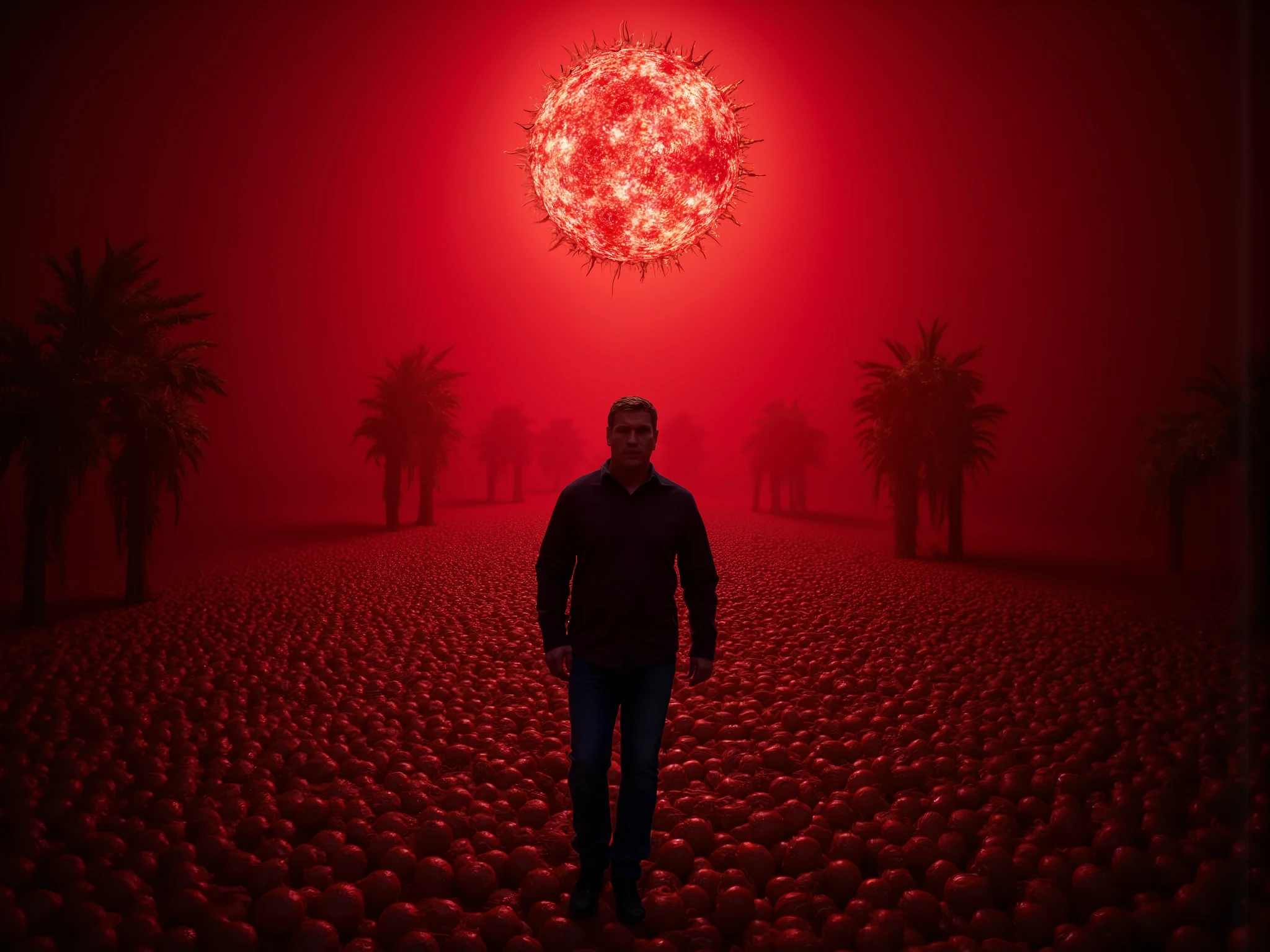 a red hellscape covered in eyeballs and Keir Starmer, dramatic lighting, dark fantasy, surreal, nightmarish, gritty, highly detailed, 8K, photorealistic, HDR, cinematic, moody colors, deep shadows, saturated reds, blacks, unsettling atmosphere