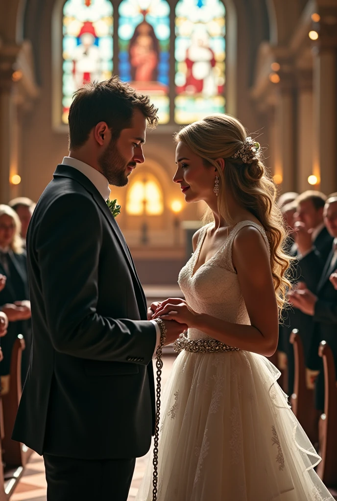 Cover for romantic novel where beautiful bride and groom positioned at the center, in front of Priest in beautiful and elegant church with soft lighting and full off guests. Bride and Grom stands separate. Cinematic action scene, highly detailed, wide shot, Low Angle Shot, 4K, highly detailed, epic scene, dynamic scene. The Priest stands between the bride and groom, reciting vows. PEYGAN SINCLAIR, a handsome man in his early 30s. The man looks elegant and stylish. He has a well-styled haircut featuring a classic look. His hair is medium-length on top with a slight wave, adding volume and texture, while the sides and back appear shorter and neatly trimmed. The hairstyle is likely achieved with a side part, giving it a clean, refined appearance. His beard and mustache that complements his strong jawline. His skin tone is fair, and his features are sharp and defined. He is dressed in a classic black suit with a white shirt and bow tie. His facial expression is calm and focused. His eyes are nearly closed. Overall, the man gives the impression of an elegant, well-groomed, and confident person. MALEFICENT DANICA, an elegant bride in her 30s. The woman appears elegant and romantic. Her hair is styled in an updo, with her blonde or light brown hair gathered at the back of her head. A decorative hair accessory, resembling a floral or jeweled headband, adorns her hairstyle. She wearing a luxury wedding, as her shoulders and upper chest are bare. The woman is wearing earrings that appear to be dangling or drop-style, adding to her sophisticated look. Her makeup is noticeable but elegant, with what appears to be darker eye makeup enhancing her eyes. Her facial expression is soft but tense. Her eyes are nearly closed, and her lips are slightly parted, conveying a sense of emotional anticipation. The lighting in the scene creates a soft outline of their profile, adding drama and depth to the image.
