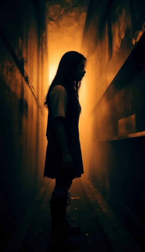 ((Best quality, 8k, 32k, Masterpiece, UHD:1.2), "Transform the setting into a haunting scene straight out of a horror movie. In the center, a girl stands, surrounded by ghostly apparitions lurking in the shadows. The atmosphere is thick with a swirling, smoky haze that adds to the eerie ambiance. The ghosts, barely visible, have malevolent expressions and are shrouded in darkness, making their forms indistinct and unsettling. Their eyes gleam with a spectral glow, and their whispers fill the air with an otherworldly chill. The girl, looking fearful yet determined, stands her ground as the supernatural entities close in. The scene exudes a sense of dread and suspense, capturing the terrifying moment when the living confront the spectral horrors of the night."