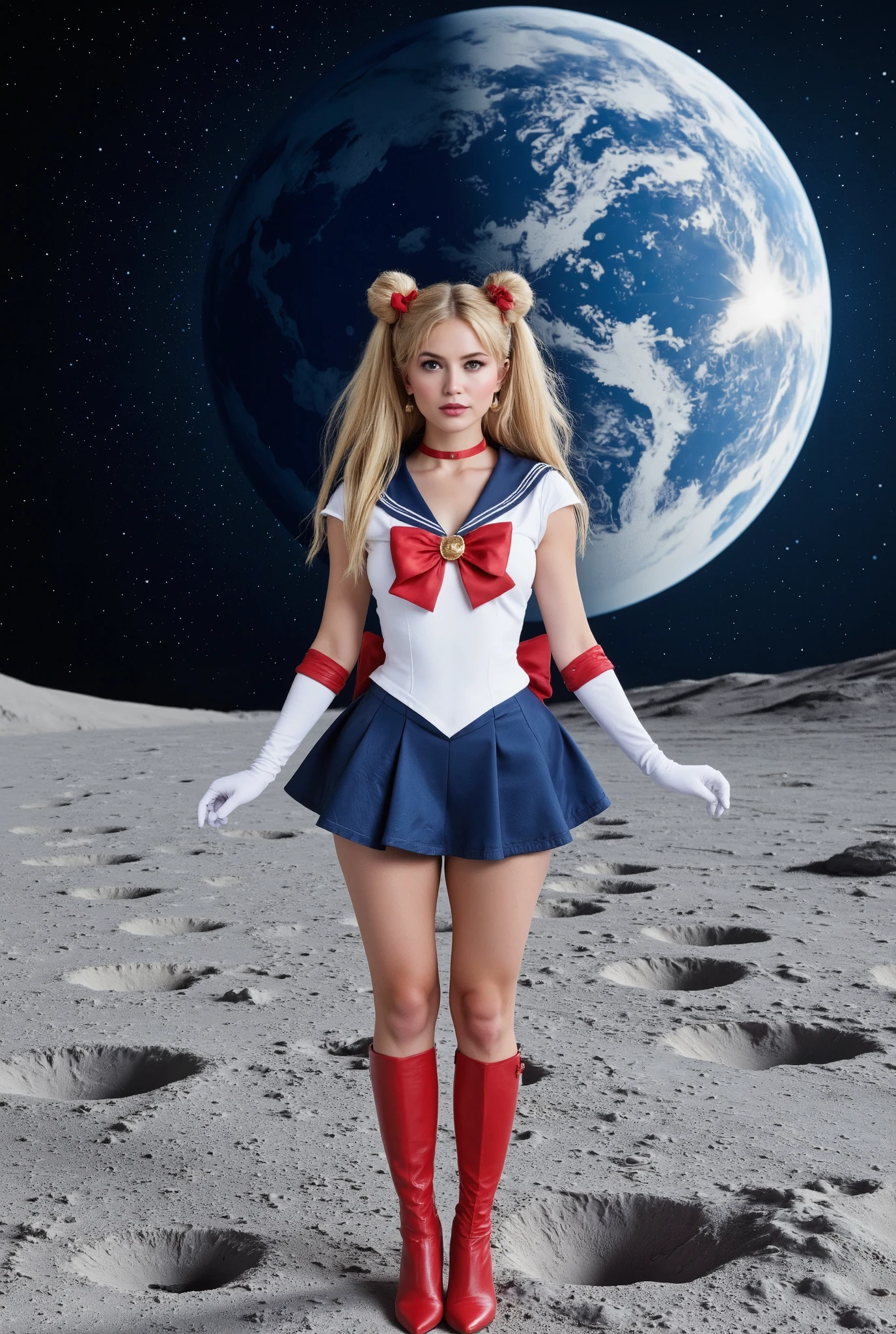 Create a hyper-realistic photograph featuring a beautiful 20-year-old girl with fair skin. She has very long straight blonde hair styled in two buns, resembling twin tails. She is dressed in a Sailormoon costume, striking a pose on the lunar surface. The background should depict the moon's landscape, with a stunning view of Earth filling the screen from space.