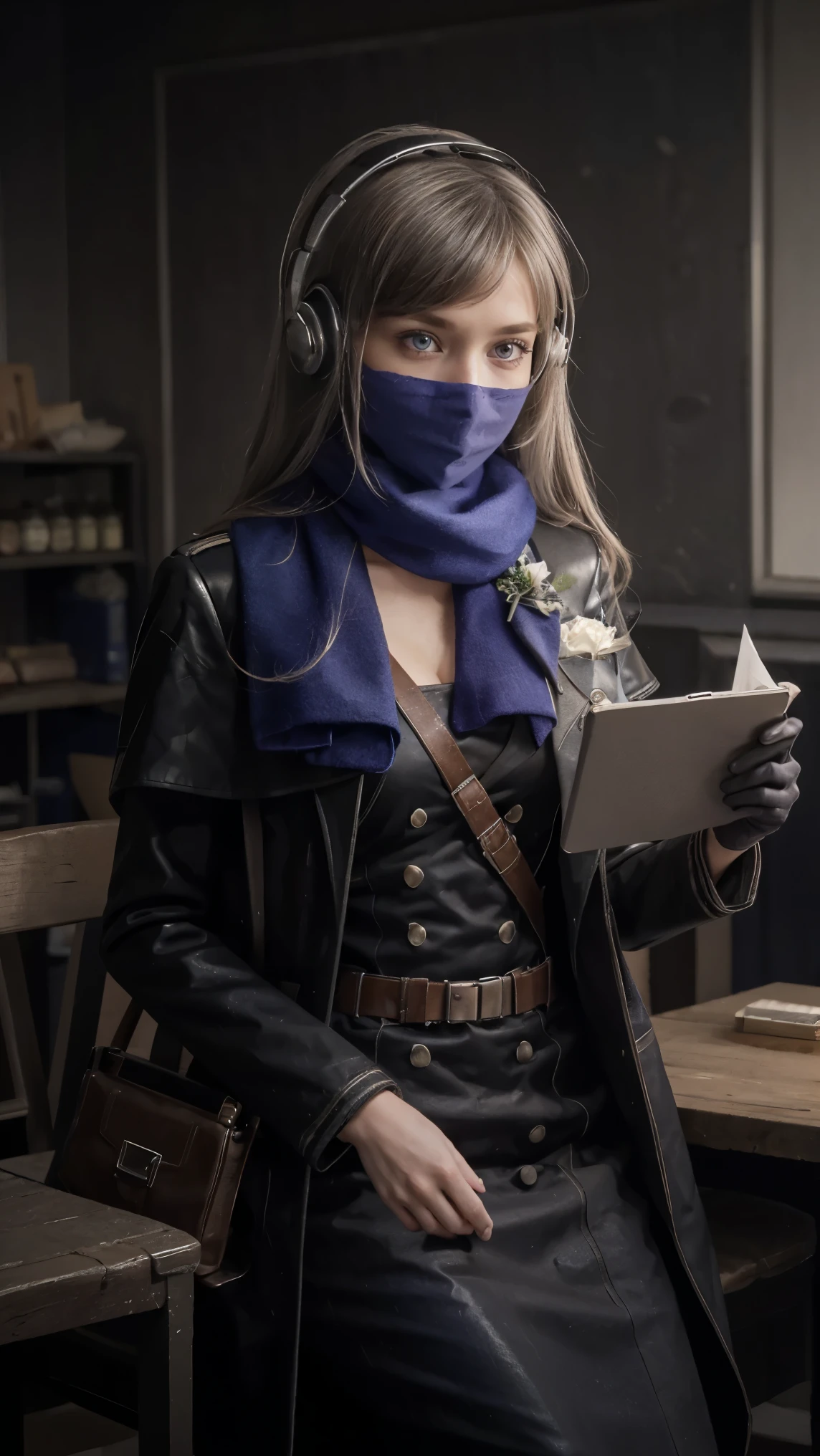 masterpiece, best quality, 1girl, solo, Bkornblume, headphones, solo, blue scarf, latex coat, pussy, observing, interrogation, black dress, black gloves, grey hair, holster gun, black coat dress, long sleeves, gloves, blushing, cafe, smile, full body, information, german girl, boots, sitting, opened breasts, die stasi spy, cafe background, pantyhose, heels, holsters, coat buttons, knee, ((Berlin Street background)), misty background, Germany stasi, breasts, blue stocking, bkornblume, using cellphone telephone, buildinggs stasi, indoor, giving information intelligence, confidential document papers, (((face close-up)), (blue neck blue mask), intelligence stasi spy, solo girl