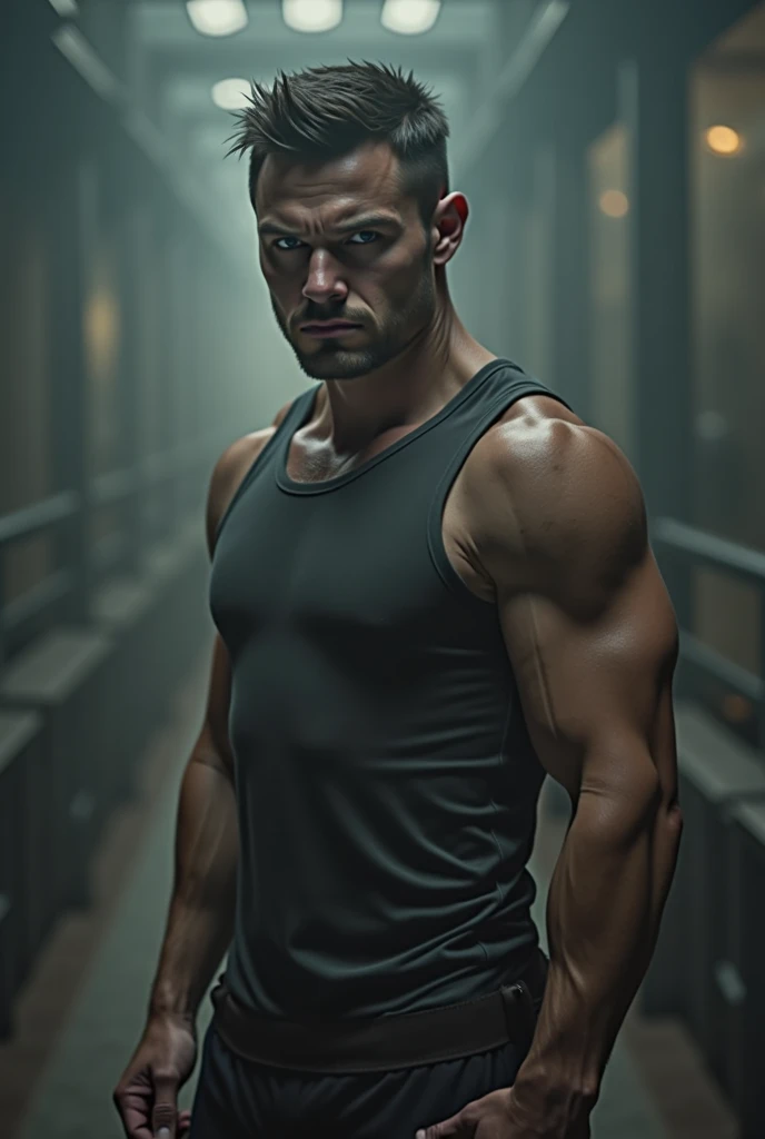 8K, masutepiece, Raw photography, Best Quality, Photorealistic, Highly detailed CG Unity 8K wallpapers, depth of fields, Cinematic Light, Lens Flare, Ray tracing, (Very beautiful and charismatic face, Beautiful lips, Beautiful eyes), intricately detailed face, (Ultra detailed skin), 1 man, In nature, In the deep shadows, Beautiful European Man, Kpop Idol, 1 male, (very strong and muscular body:1.3), (looking at audience), (Great determined appearance) :1.3), (Sleeveless), (Fashion City Night, a dark night, neon signs, Blurred background), Fashion Street Night, (The person behind々:1.3), Beautiful earrings, Bracelets, Necklace, pantyhose, Clear eyes, Walking, (pale skin), (Big eyes), Face forward, (upperbody shot), (loose-fitting clothes:1.3), (Brown hair), (Bosch Clothing, (Transparent), (looking at audience:1.3) Very strong ,, back turned, (Back shot), Transparent, Medium hip.
