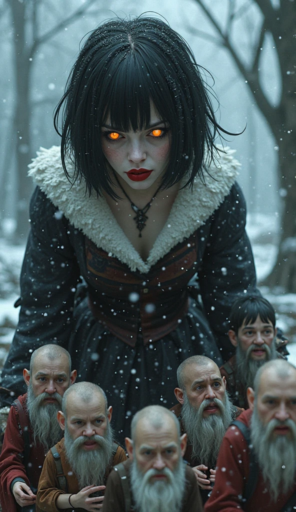 The Villainous Snow White,Seven dwarfs,Yandere,Black short hair,Red lips