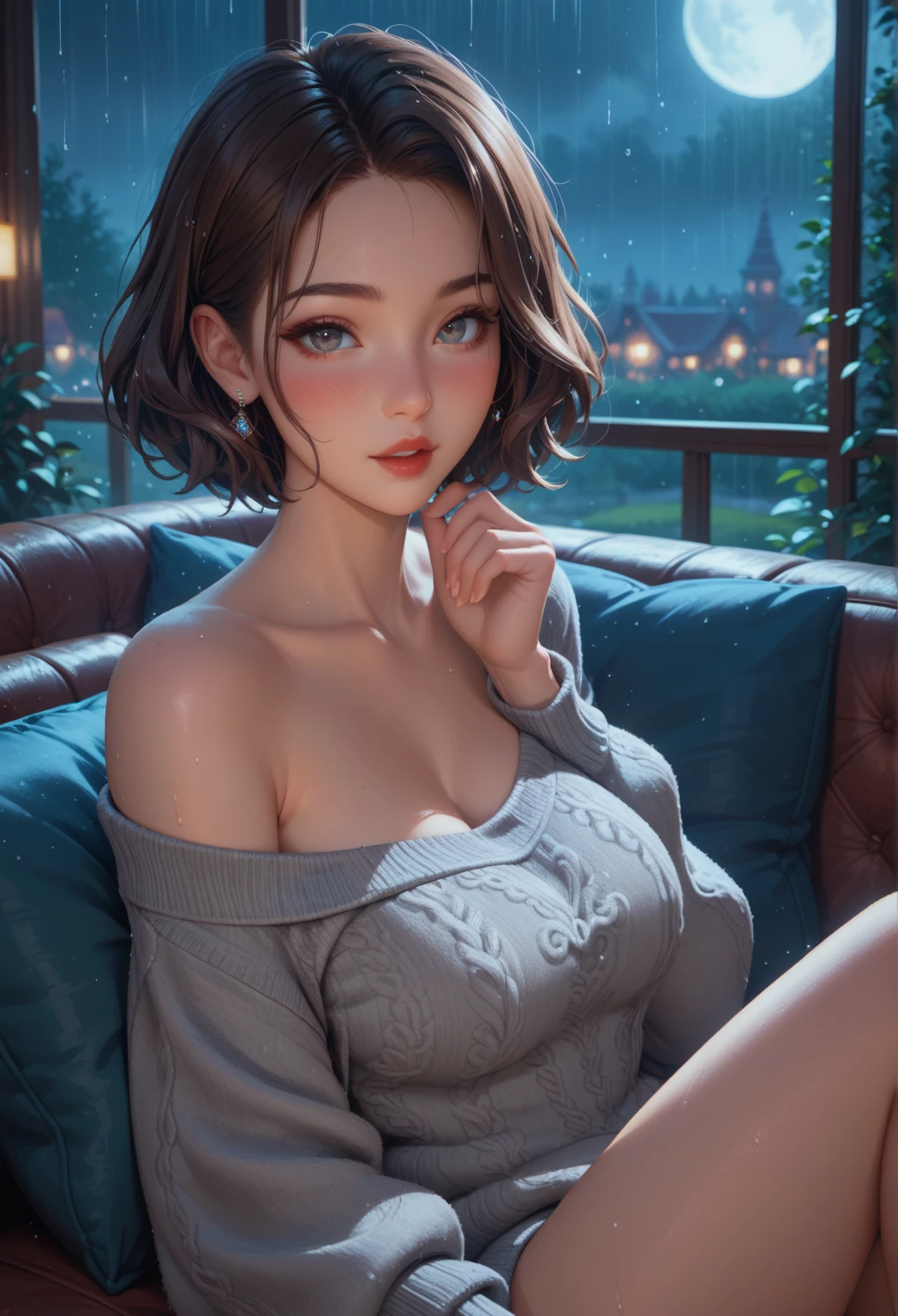 (short hair woman), (off-shoulder sweater, oversized sweater), (hiden short pants), (cross-legged sitting, hands lying on thighs), on bed, medium breasts, deep cleavage, best quality, masterpiece, illustration, very delicate and beautiful, very detailed skin, CG, Unity, 8K wallpapers, amazing, fine detail, highly detailed CG Unity 8K wallpapers, huge file size, high resolution, handsome detailed woman, very detailed eyes and face, Stunning detailed eyes, light on the face, (Best illustration: 1.1), (best shadow: 1.1), ultra high resolution, (photorealistic: 1.1), (photorealistic 1.2:1.1), realistic face proportions,slim,smile,(fluffy black eyes: 1.21), black eyes, looking at the viewer, dark brown hair, earrings, necklaces, hairpins, full body shots, (irregular skin imperfections,veins,moles,skin wrinkles,pores: 1.2), (dark night background: 1.2), (bokeh: 1.4),