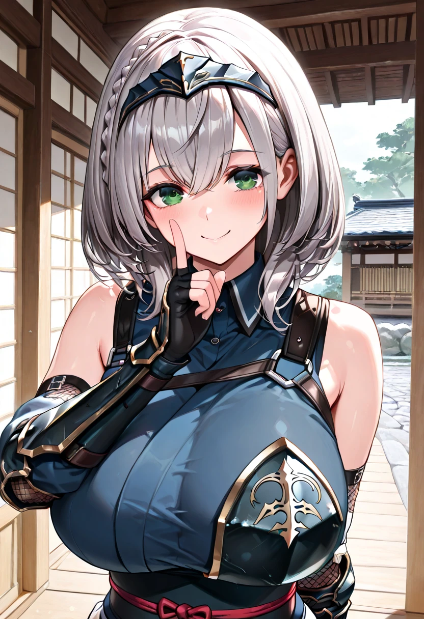 halfling soldier woman with silver hair and blue eyes in studded leather