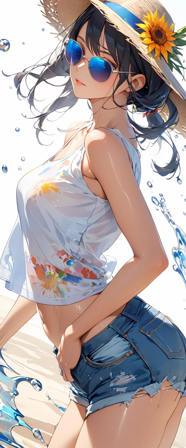 cute girl . Very kawaii , round face . alone , Slim , medium breasts , short and small . shiny skin . Pure white tube top T-shirt . shorts . dynamic poses . dynamic angle . No background , White background , looking at the audience,(((Wet clothing)))