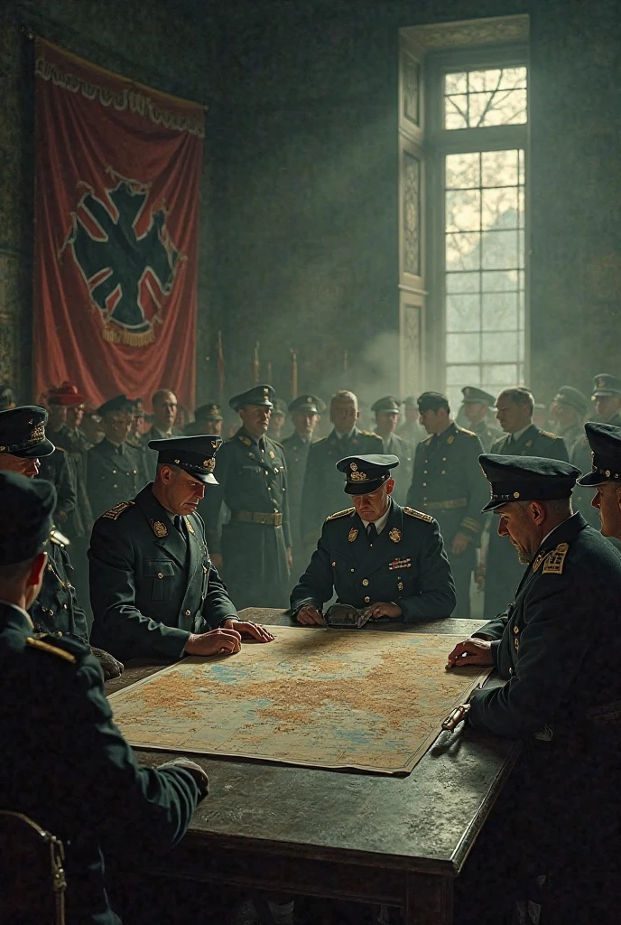 40s,The underground used a telegraph machine to send messages in a dark room, four male generals are talking in an old military meeting room, tem uma mesa de madeira com um mapa estrategico da guerra, The historical context is the Second World War, ano 1945, vintage, fardamento militar da segunda guerra,underground combat headquarterapa antigo pendurado na parede,