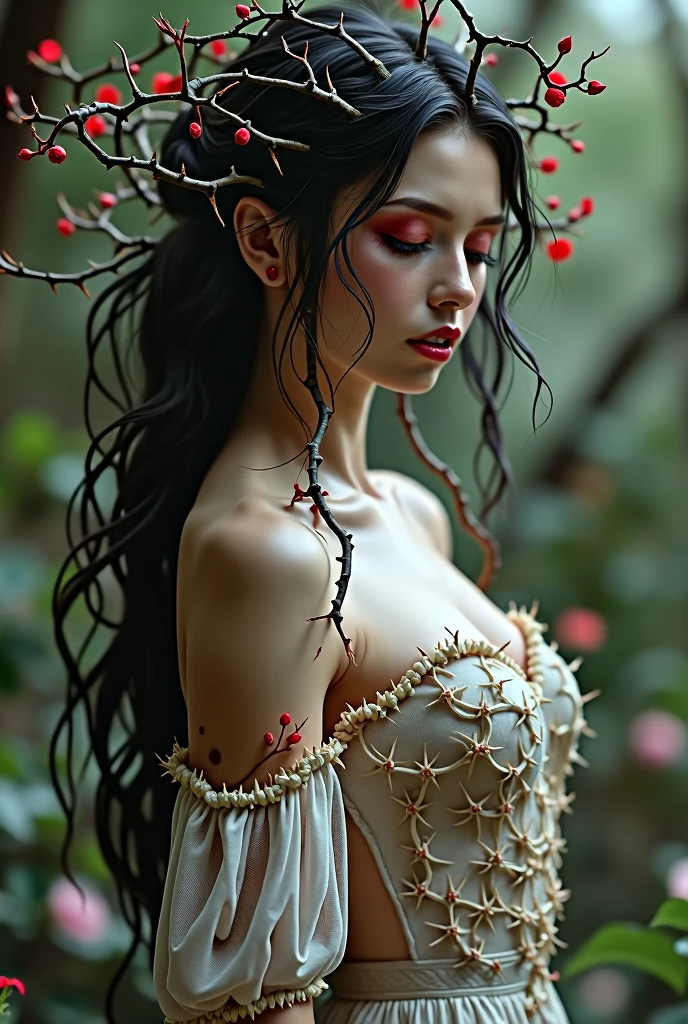A captivating 3D rendering of a young nude woman with her legs open wide, clad in a delicate cobweb-like material that accentuates her ethereal beauty. Her raven-black hair flows gracefully, adorned with a myriad of delicate flowers that contrast her enchanting skull face, revealing captivating eyes and seductive red lips. Surrounding her is a dreamy, otherworldly forest, with soft pastel hues and mystical foliage, creating an atmosphere of bewitching charm.