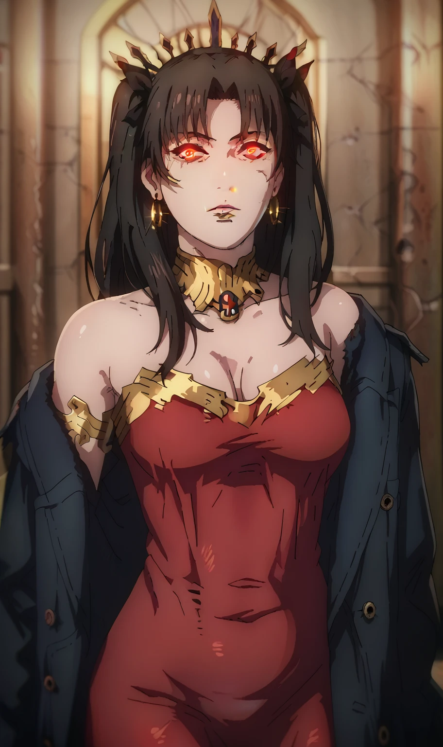score_9, score_8_up, score_8, score_7_up, bouqtm, ishtar_(fate), red_eyes, parted bangs, long_hair, jewelry, earrings, black_hair, armlet, crown, two_side_up, small_breasts, hoop_earrings, ribbon, plump, shiny skin, anatomical correct, ((dusty)), Cinematic, UHD, high detailed, ringed eyes, perfect body, 1girl, breasts, solo, scar, looking_at_viewer, black_dress, cleavage, dress, bare_shoulders, red_lips, lips, scar_on_face, coat, lipstick, ghoul eyes, red eyes, glowing, colored sclera, black sclera,