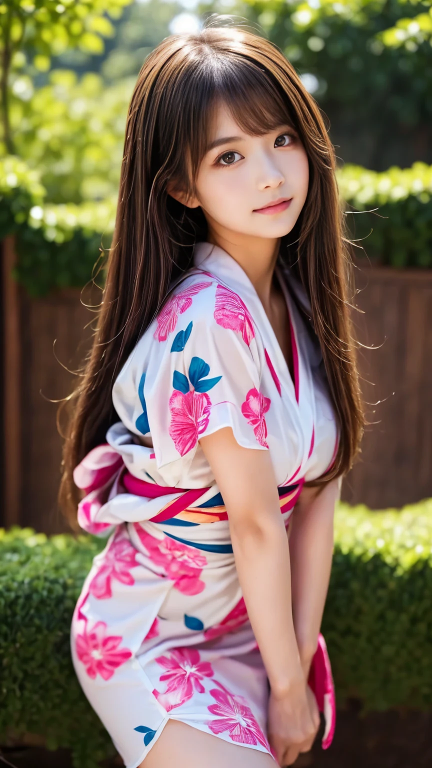 masterpiece, Highest quality,16K, Ultra-high resolution,The light and shadow of reality,Cinema Lenses,((Very skinny)),((Her waist is so slim and beautiful)),((High nose、Small Mouth)),((Clean and slim face line)),((Big dark eyes with long eyelashes)),((Very small face))((Very slim and beautiful arms)),((She is very slim and has a great figure)),((Pure white beautiful skin)),((Cute Japanese Girls)),(((Pink floral dress、yukata))),((Sitting on a bench in a stylish cafe)),(Beautiful Eyes:1.1),Reflecting clear eyes and a gentle smile,